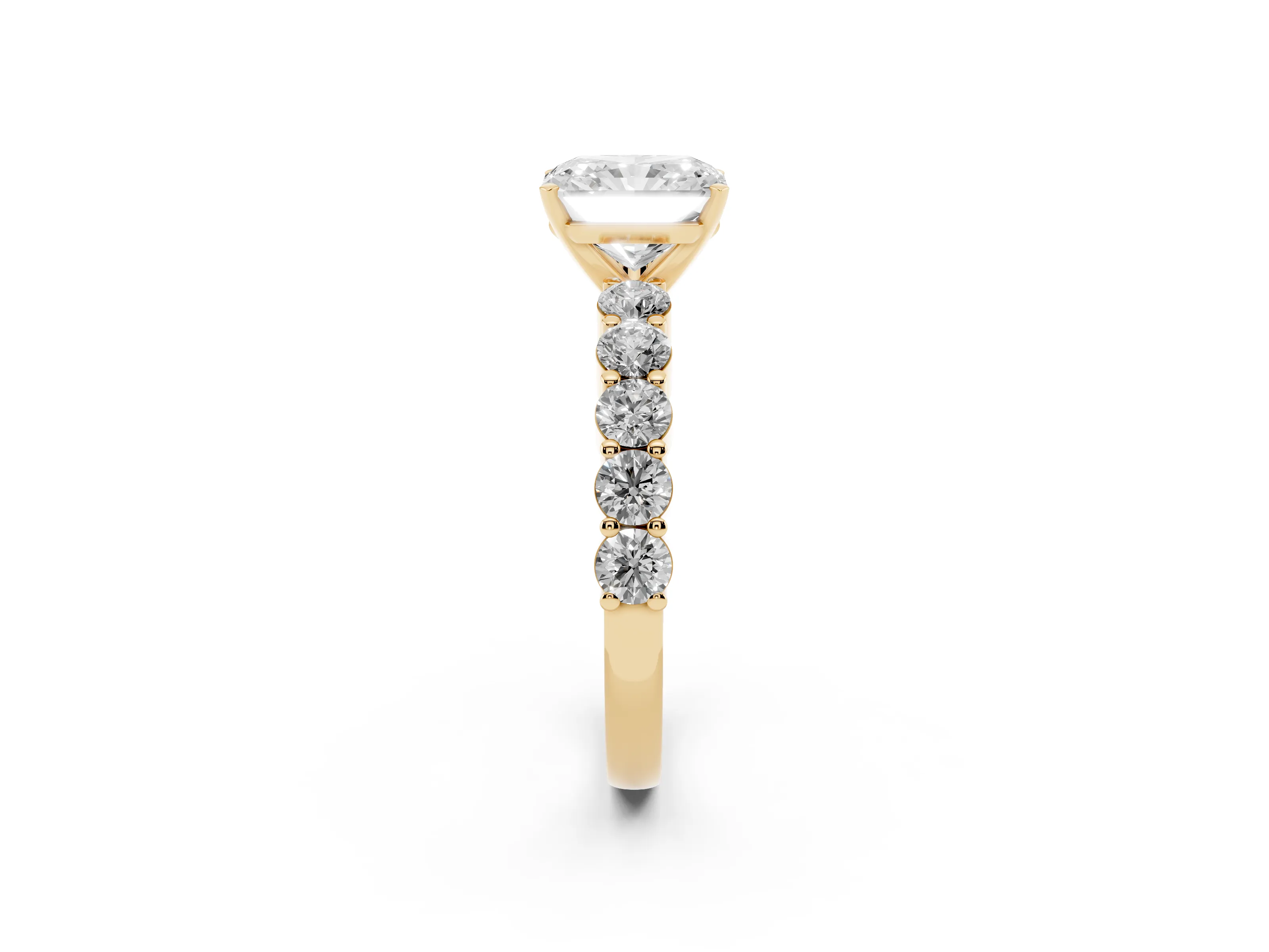 Radiant Cut Diamond Solitaire Ring Set in Yellow gold with Shared Prong Round Side Stones