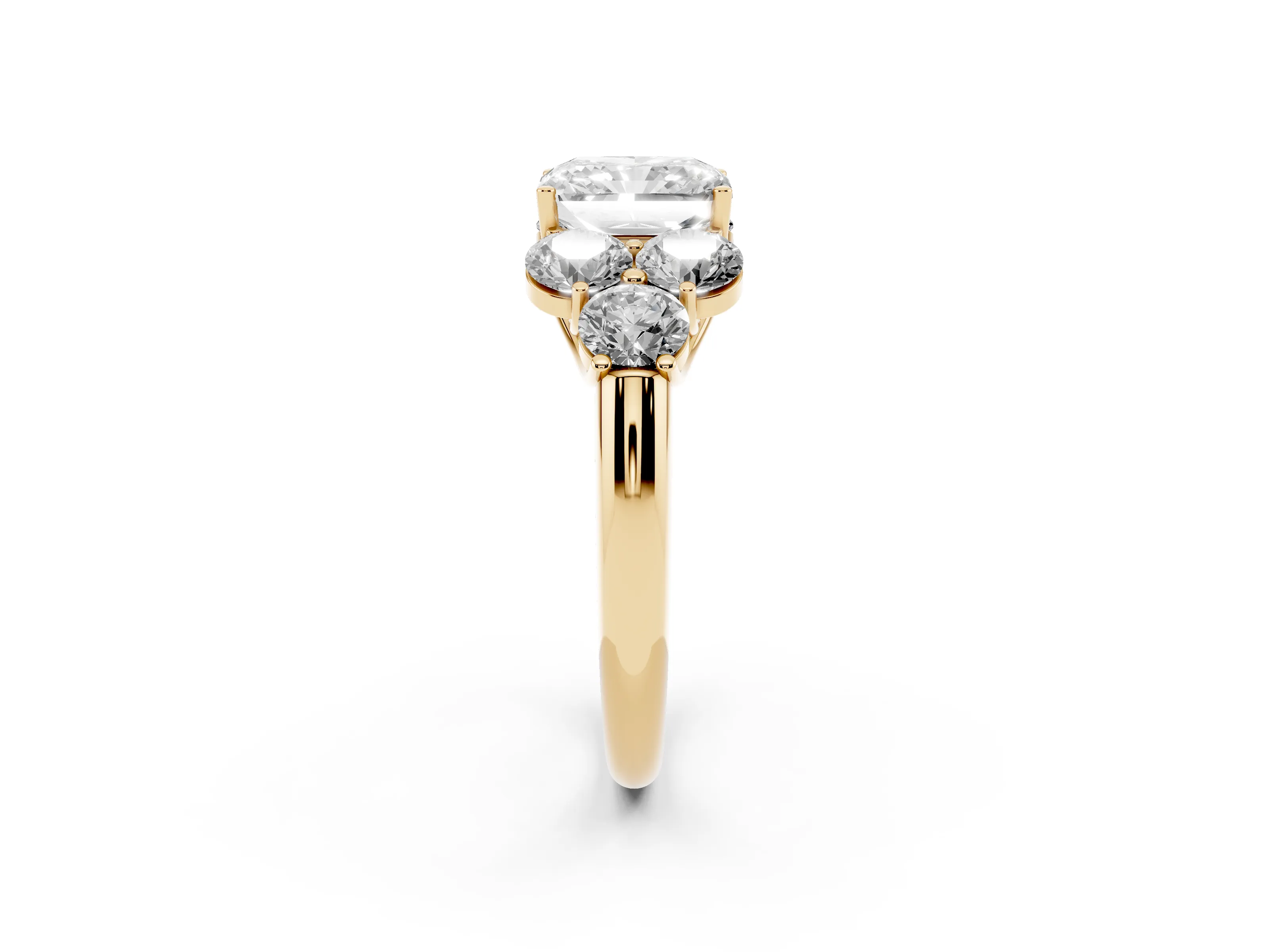 Radiant Cut Diamond Cluster Ring Set in Yellow gold with Round Accent Stones and Prong Setting on a Plain Band