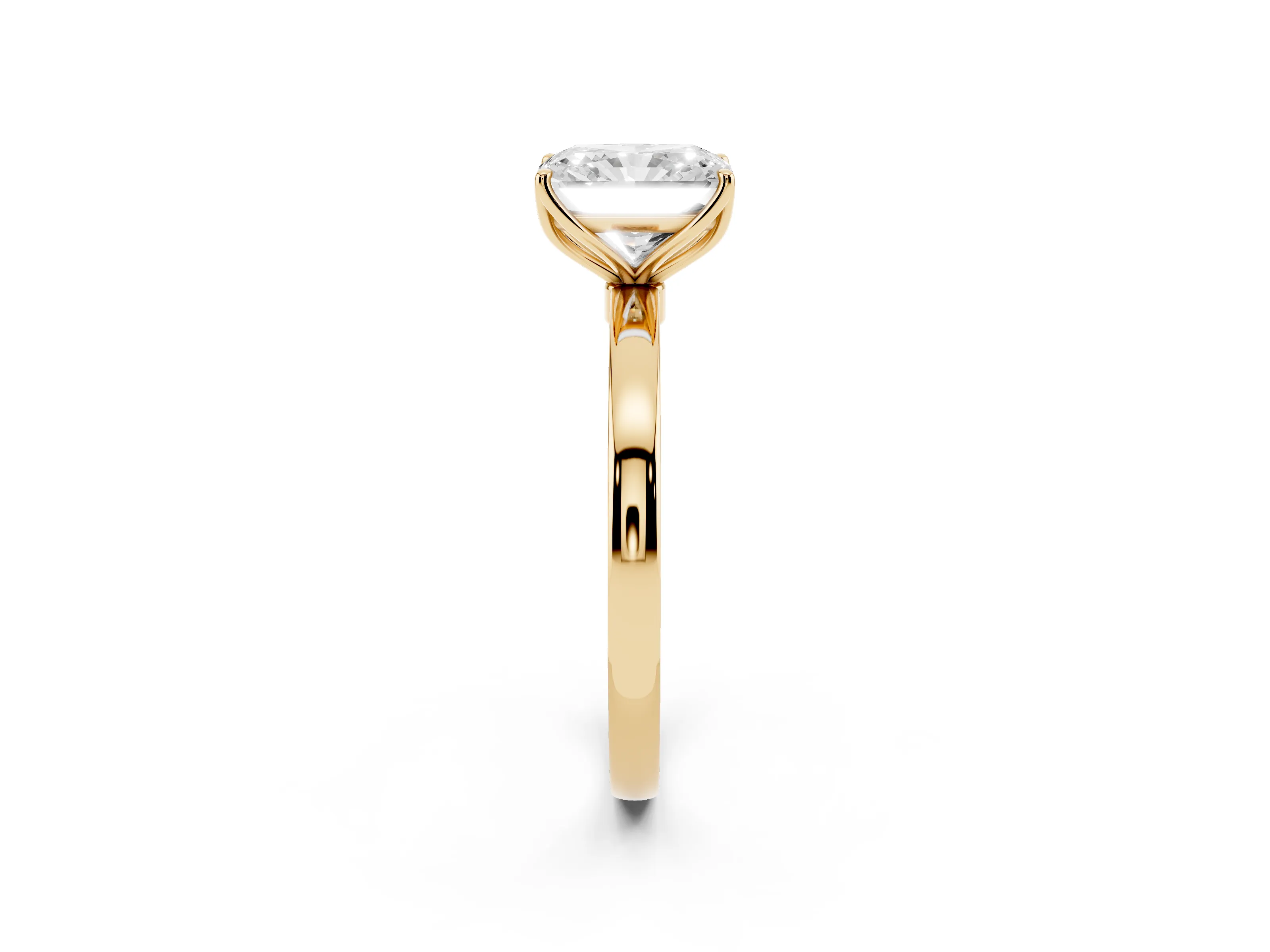 Radiant Cut Diamond Solitaire Ring Set in Yellow gold with Prong Setting and Thin Polished Band