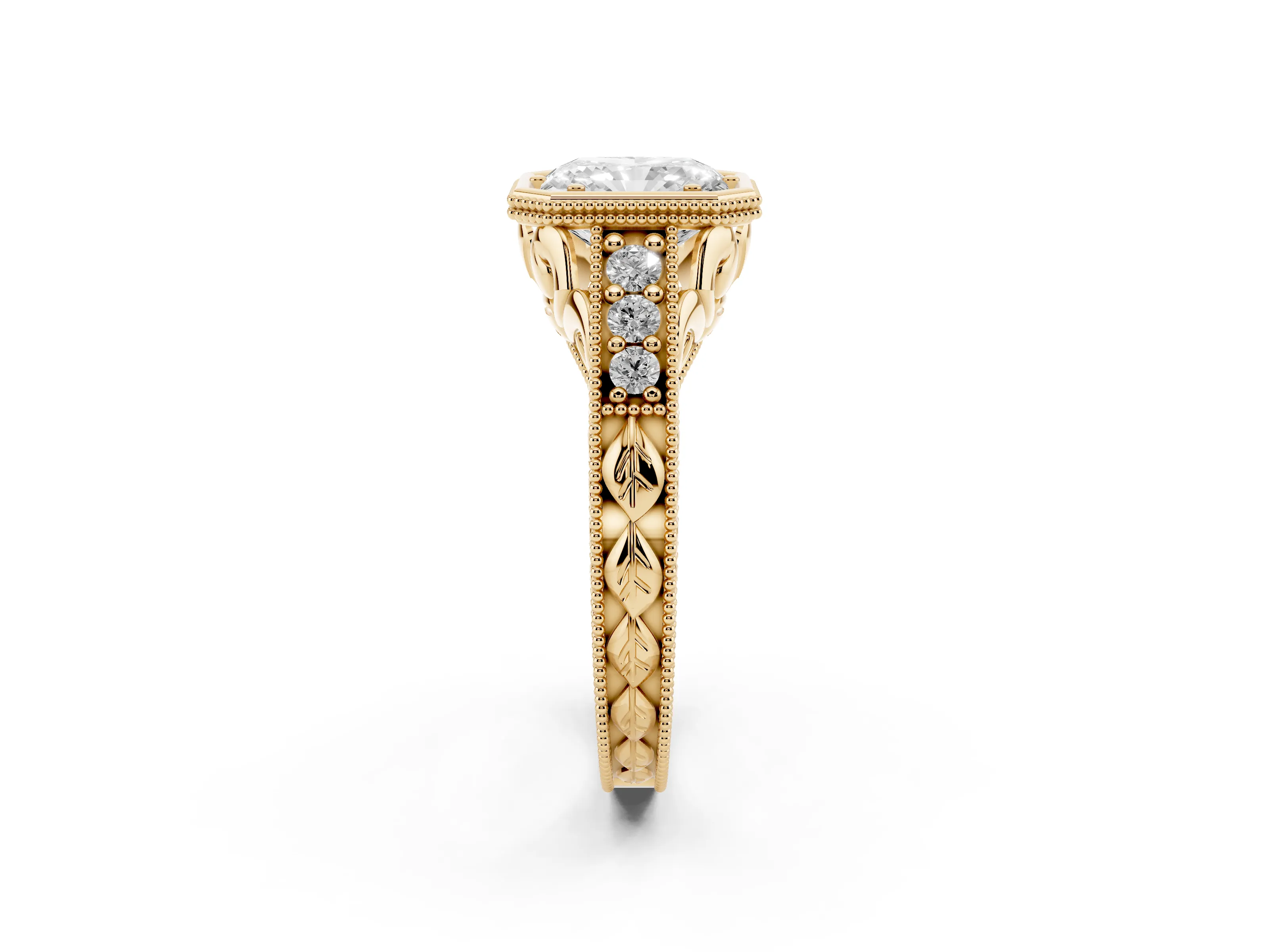 Bezel Set Radiant Cut Diamond Milgrain Pavé Engagement Ring Set in Yellow gold