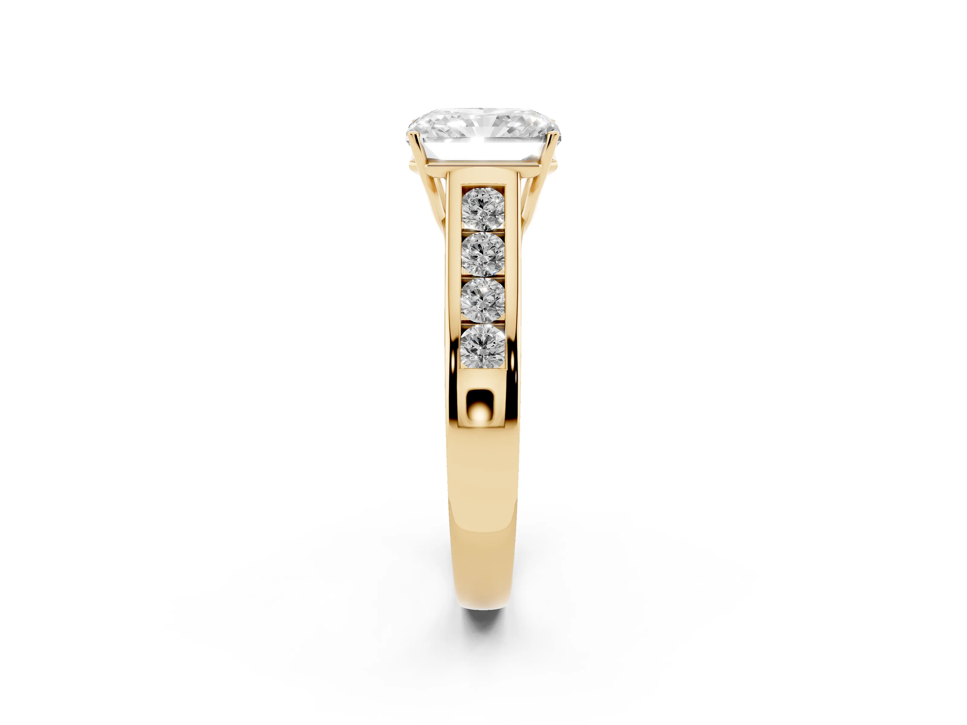 Radiant Cut Diamond Brilliant Channel-Set Solitaire Ring Set in Yellow gold with Prong Setting