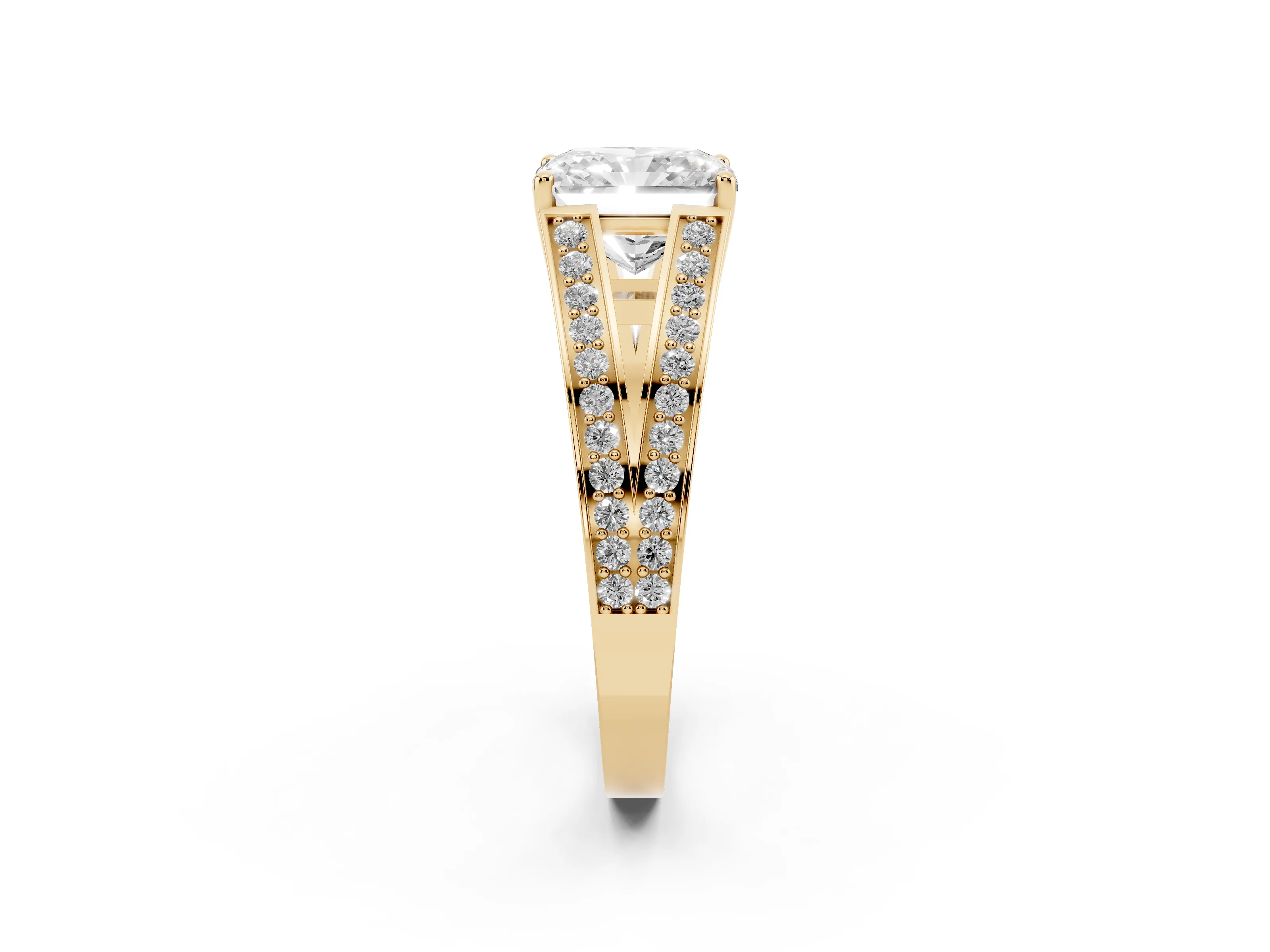 Radiant Cut Diamond Split Shank Ring Set in Yellow gold with Pavé Band and Prong Setting