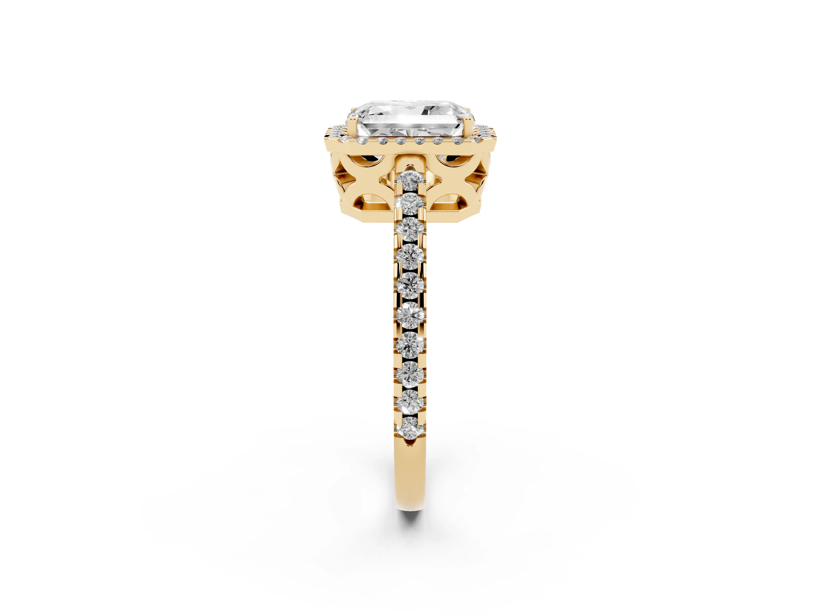 Radiant Cut Diamond Halo Ring Set in Yellow gold with Pavé Shoulders and Halo-Framed Center