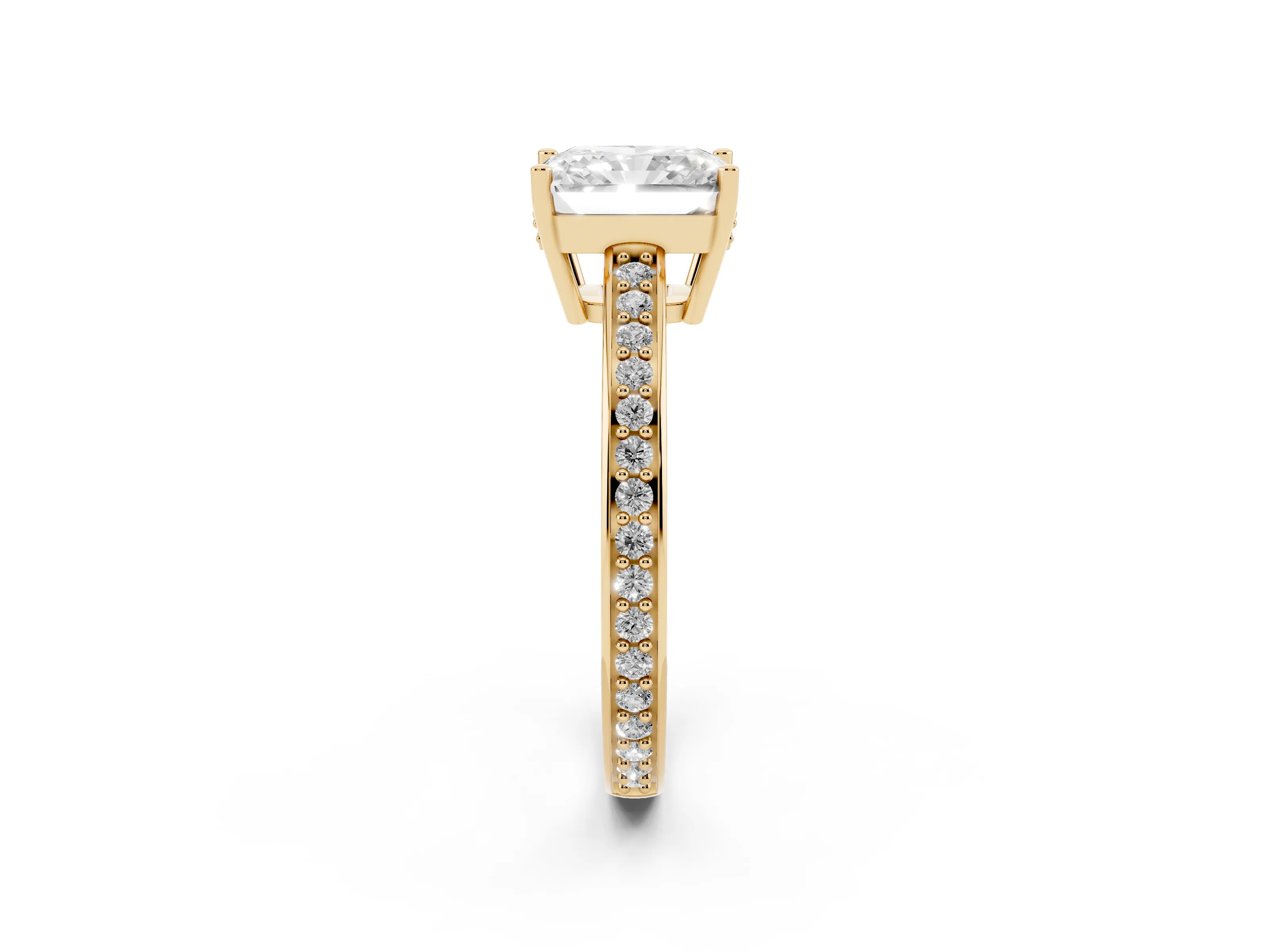 Radiant Cut Diamond Pavé Band Prong Set Solitaire Ring Set in Yellow gold