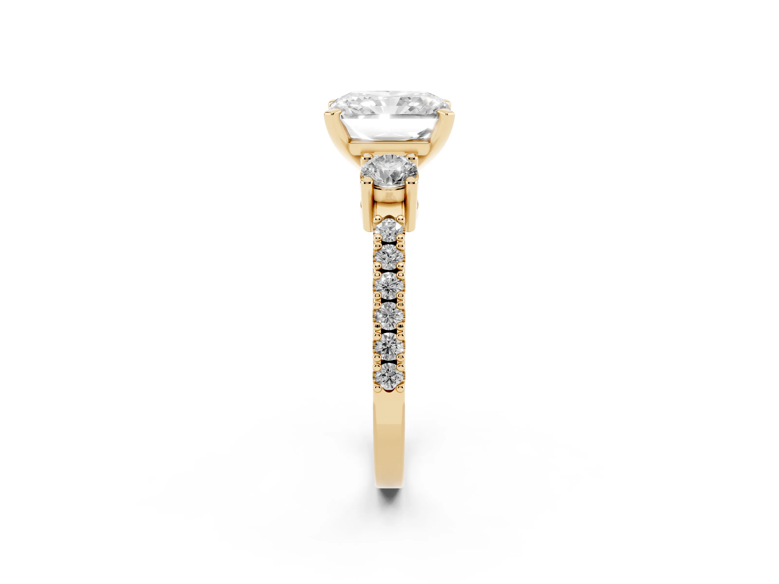 Three-Stone Radiant Cut Diamond Pavé Band Ring Set in Yellow gold with Prong Setting