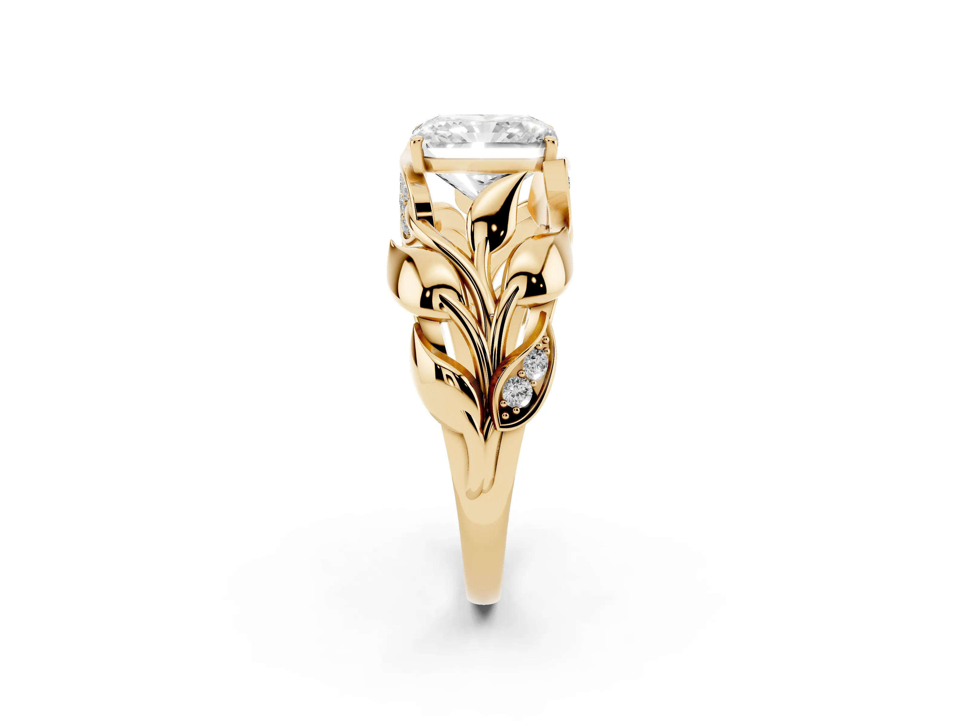 Radiant Cut Diamond Leaf-Inspired Engagement Ring Set in Yellow gold with Round Accents