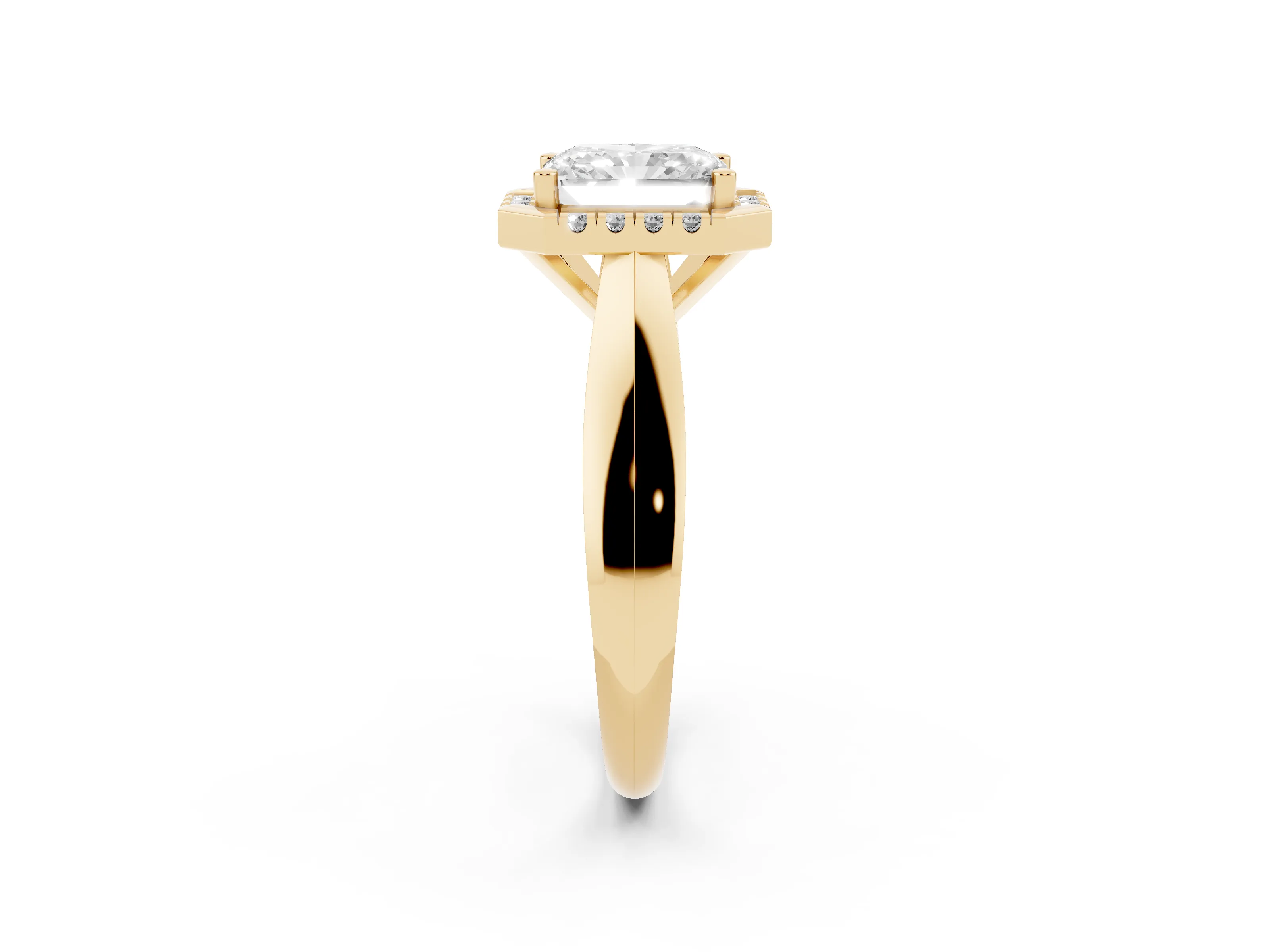Radiant Cut Diamond Halo Solitaire Engagement Ring Set in Yellow gold with Square Band and Prong Setting