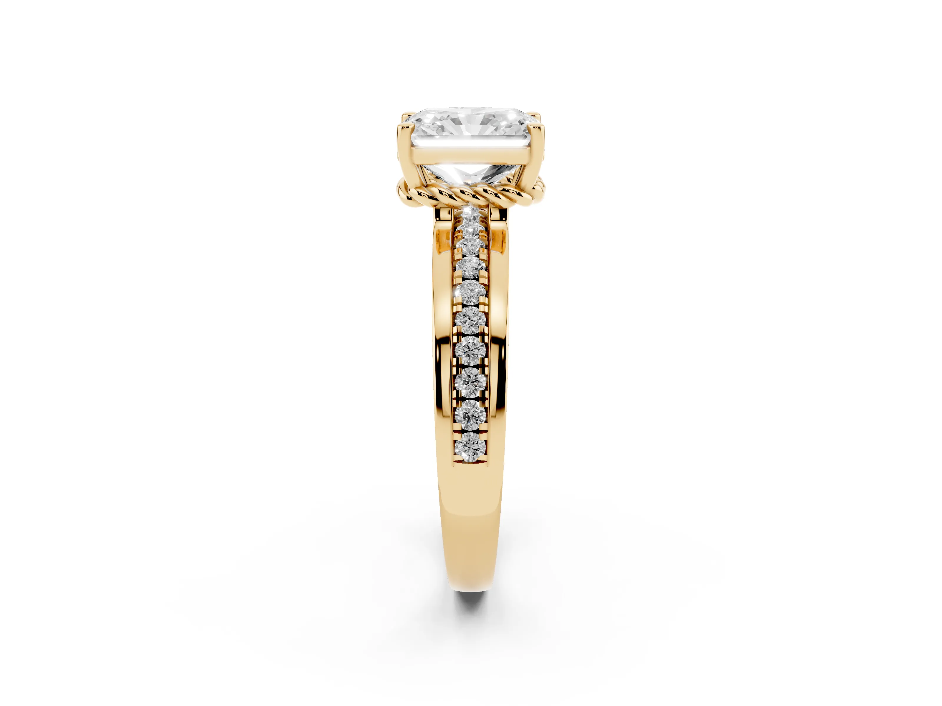 Radiant Cut Diamond Solitaire Ring Set in Yellow gold with Channel Set Band and Prong Setting
