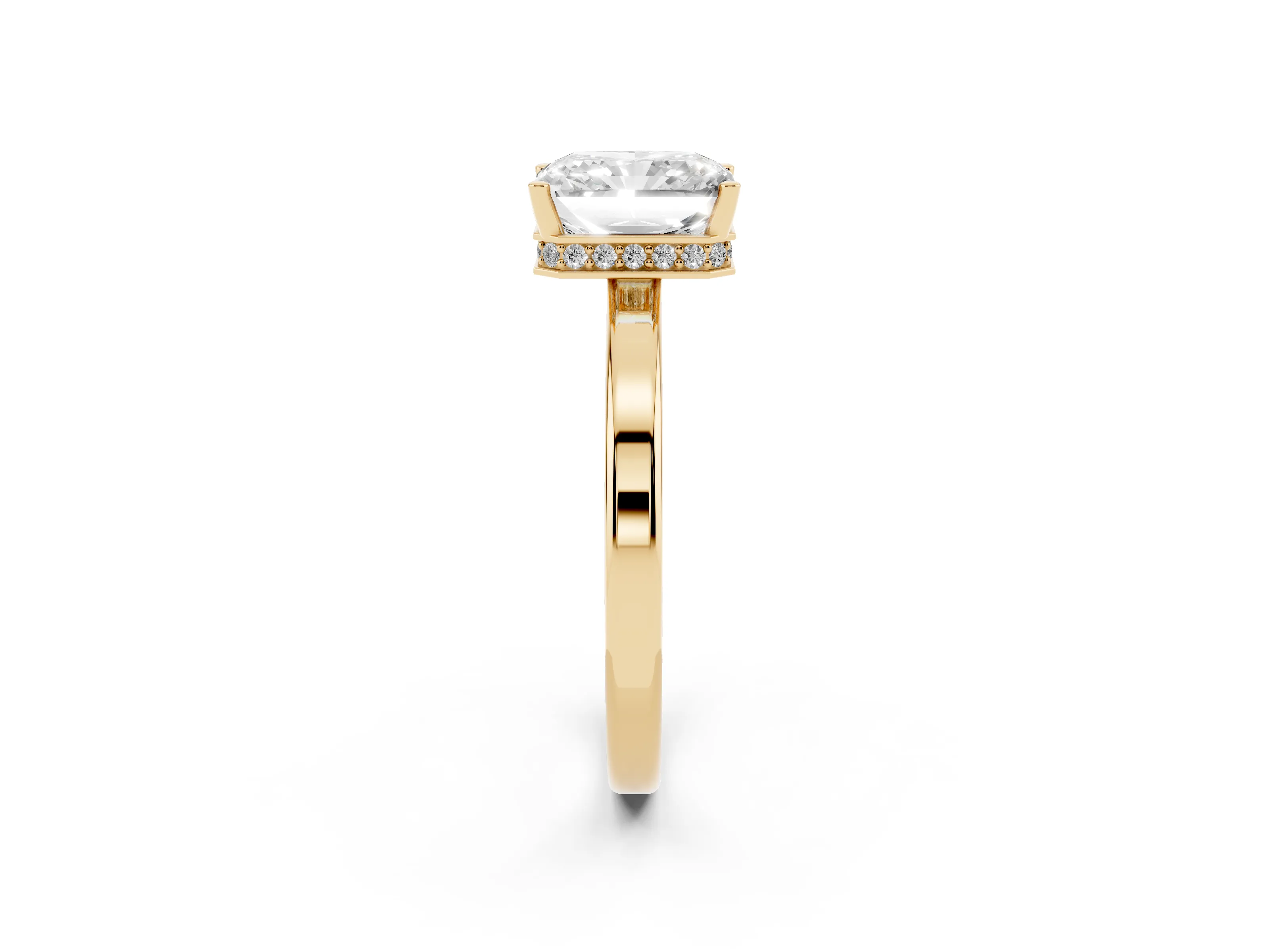 Radiant Cut Diamond Solitaire Engagement Ring Set in Yellow gold with Prong Setting on a Plain Band