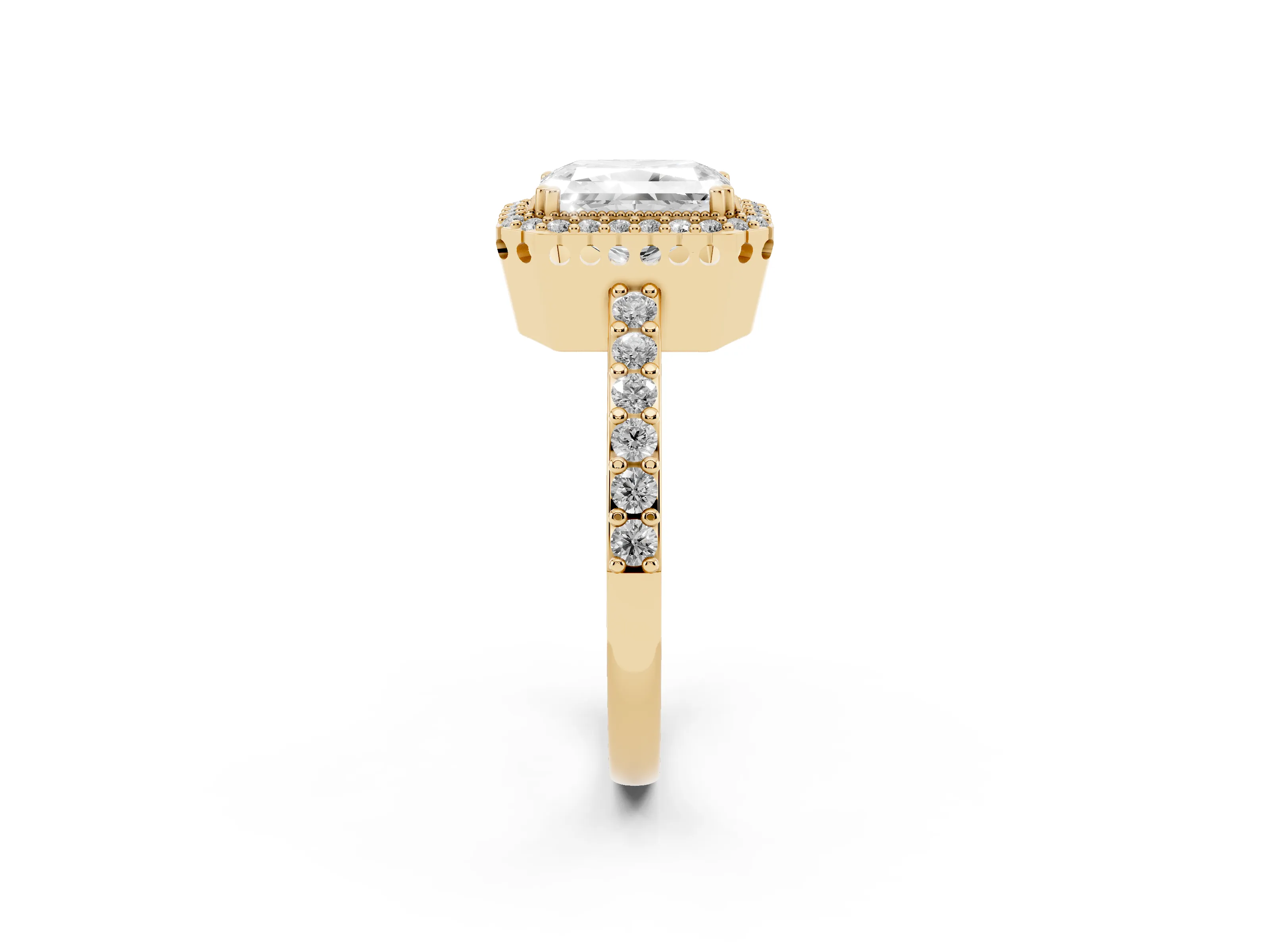 Radiant Cut Diamond Halo Engagement Ring Set in Yellow gold with Milgrain Detail and Pavé Band