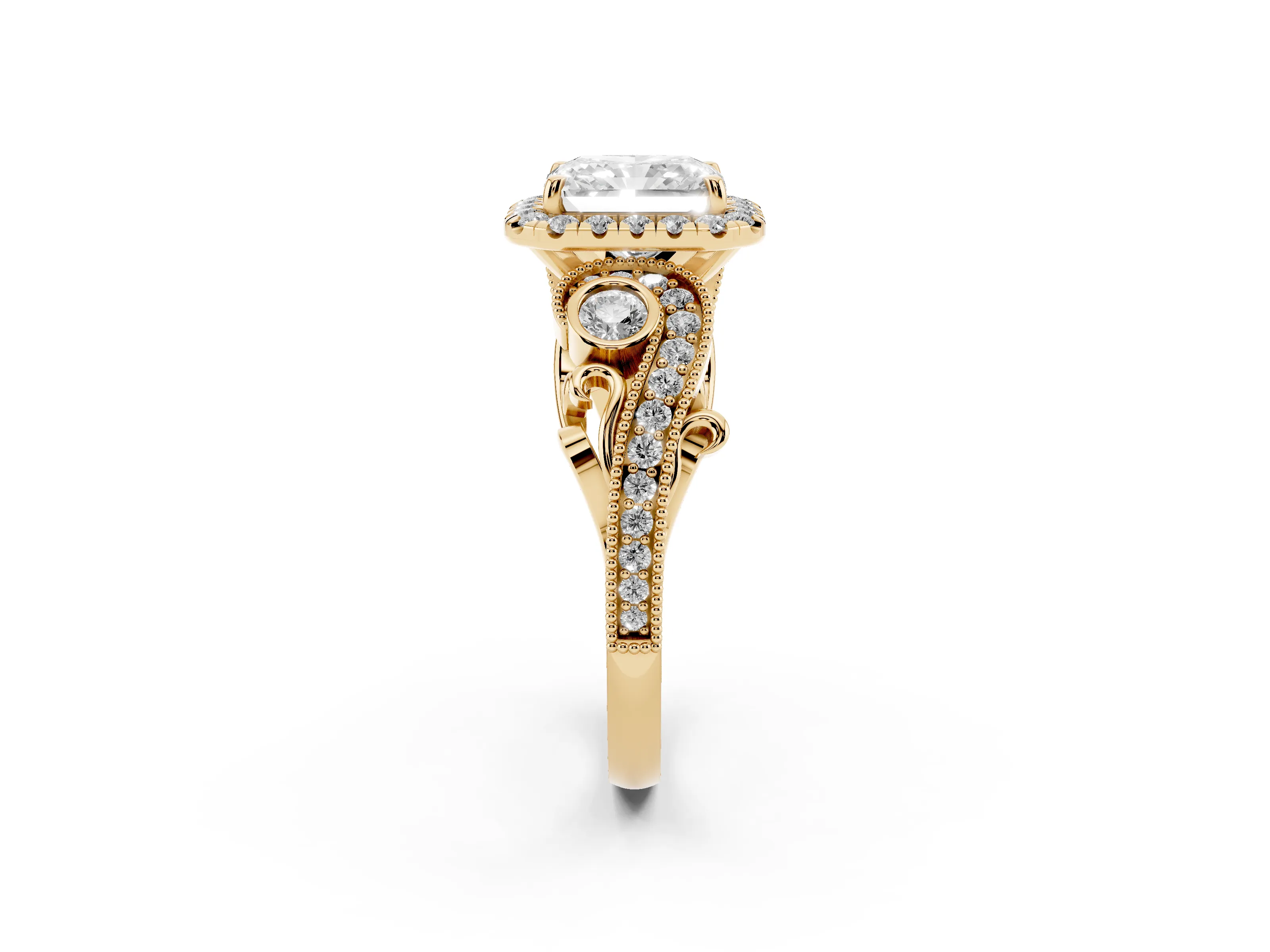Radiant Cut Diamond Halo Ring Set in Yellow gold with Milgrain Pavé Band and Prong Setting