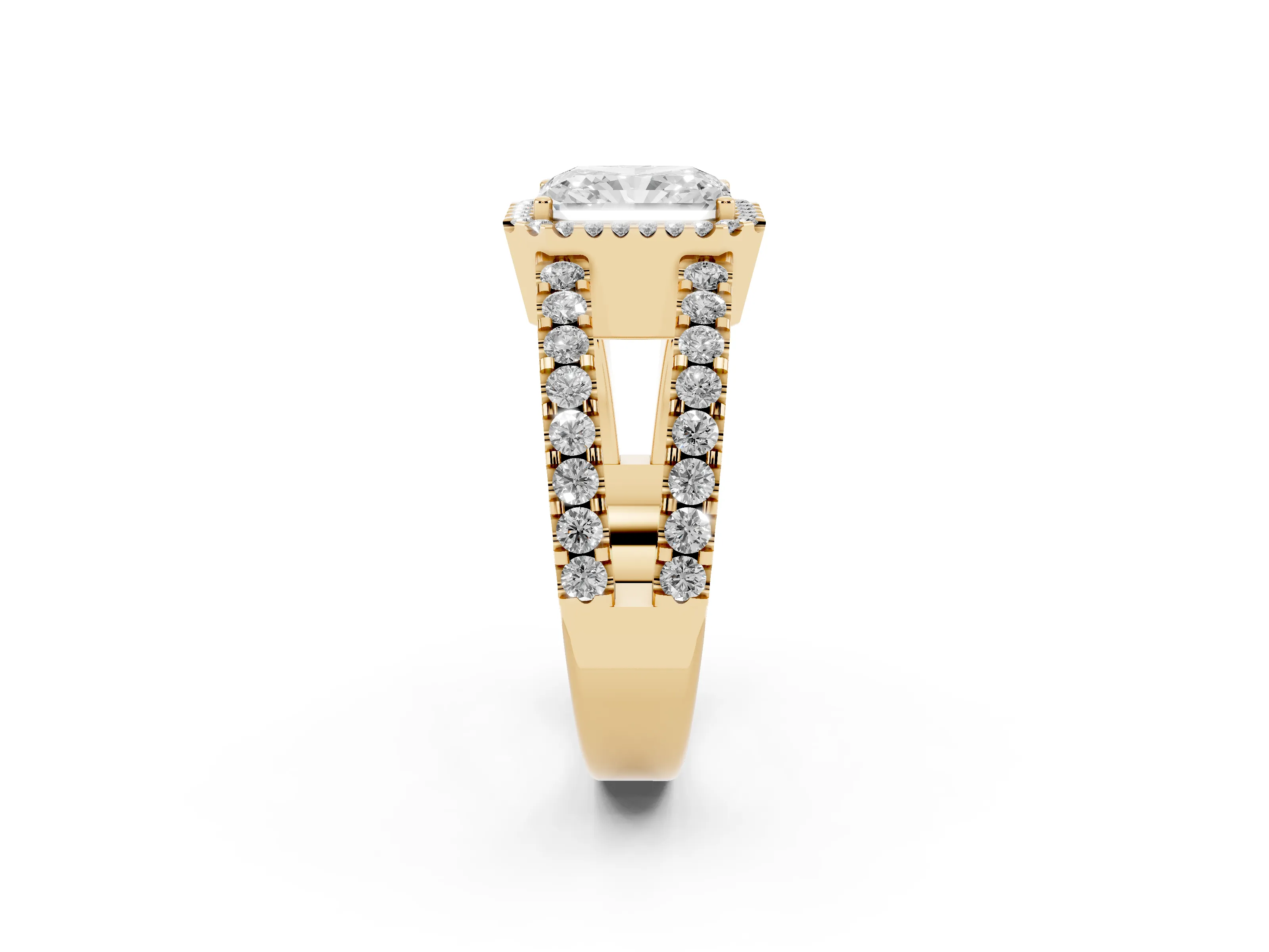 Radiant Cut Diamond Halo Ring Set in Yellow gold with Pavé Split Shank and Prong Setting