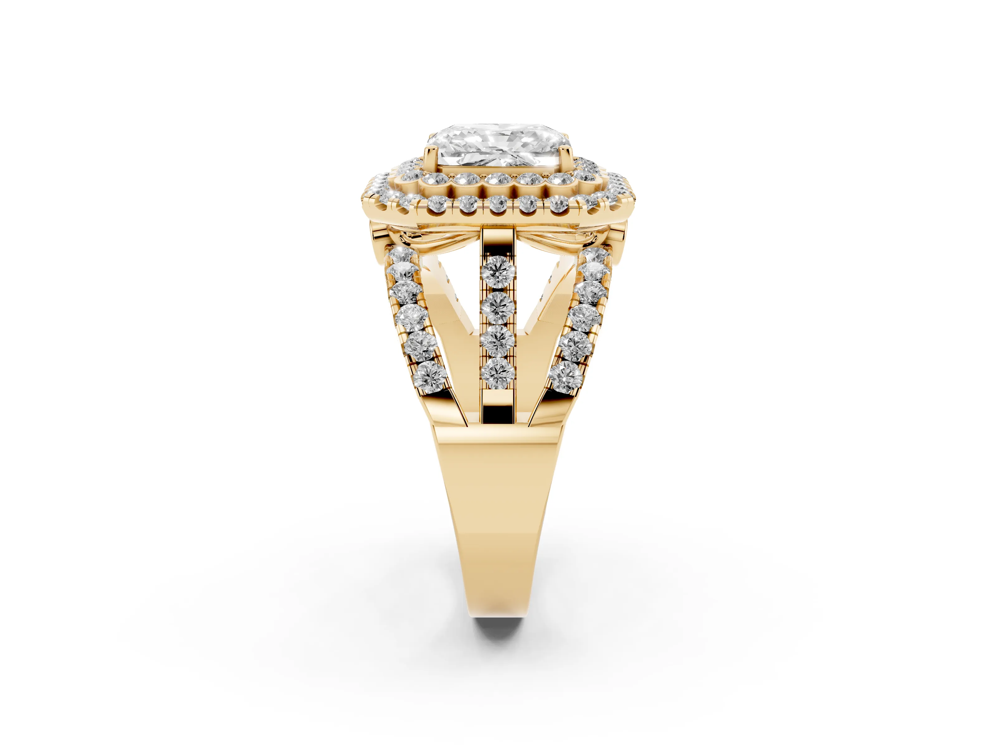 Radiant Cut Diamond Double Halo Ring Set in Yellow gold with Round Pavé Split Shank