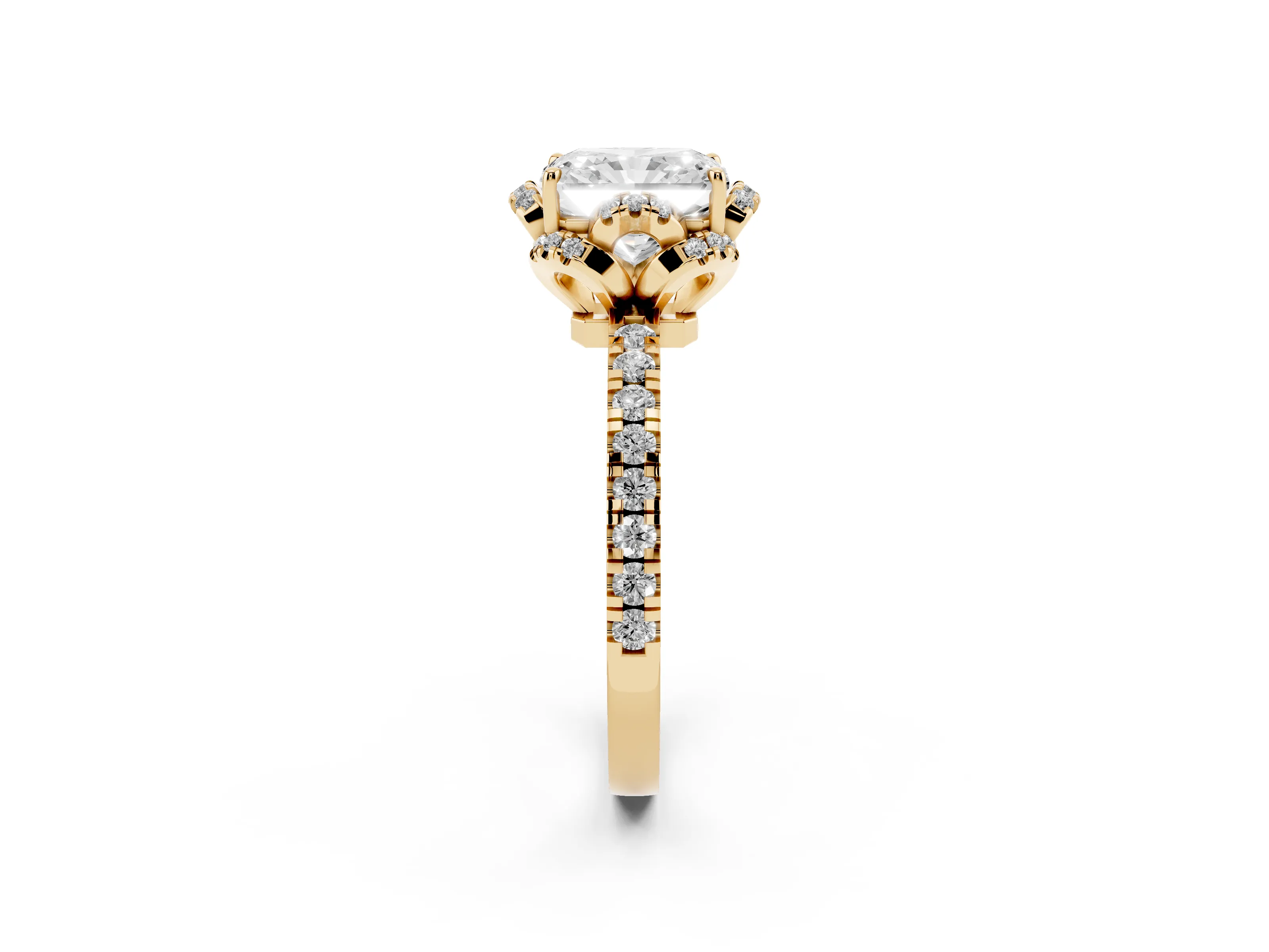 Radiant Cut Diamond Halo Pavé Band Ring Set in Yellow gold with Prong-Held Center