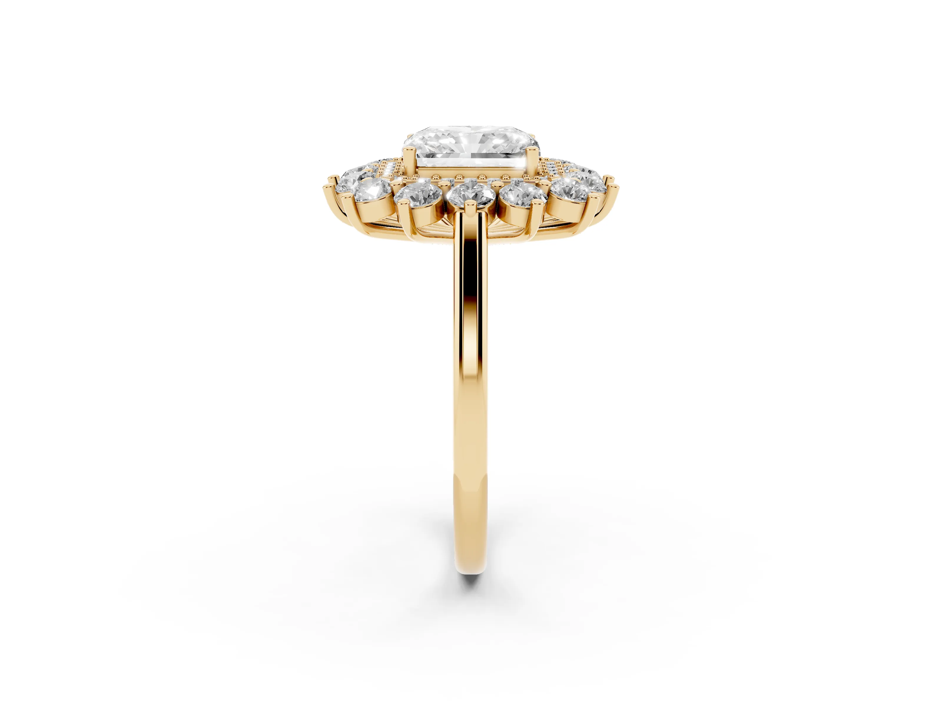 Radiant Cut Diamond Floral Double Halo Ring Set in Yellow gold with Round Petals