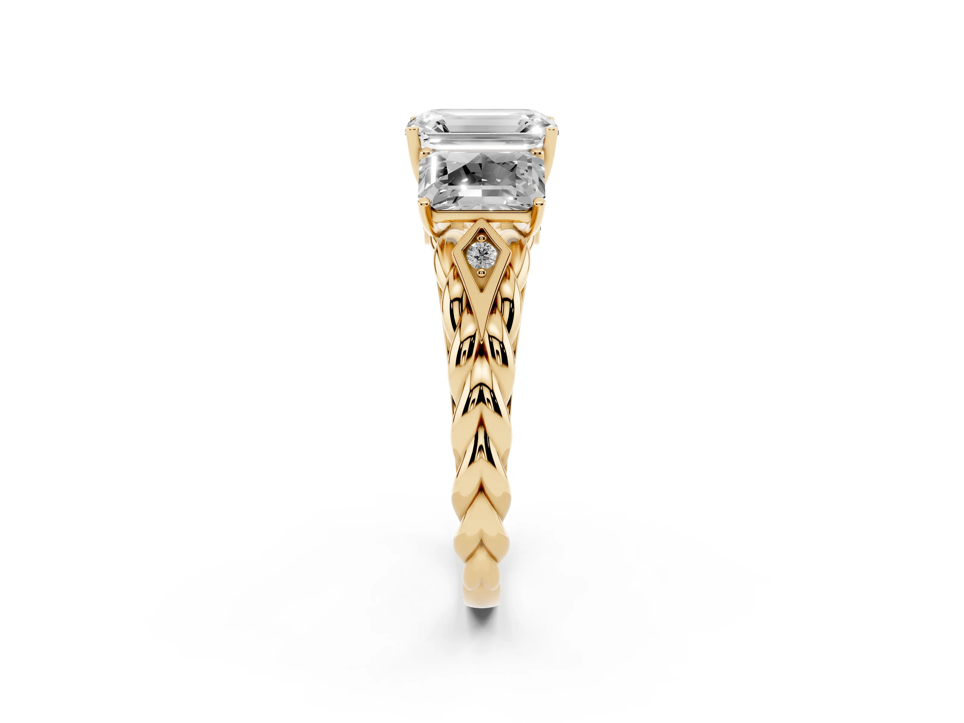 Radiant Cut Diamond Three-Stone Ring Set in Yellow gold with Braided Band