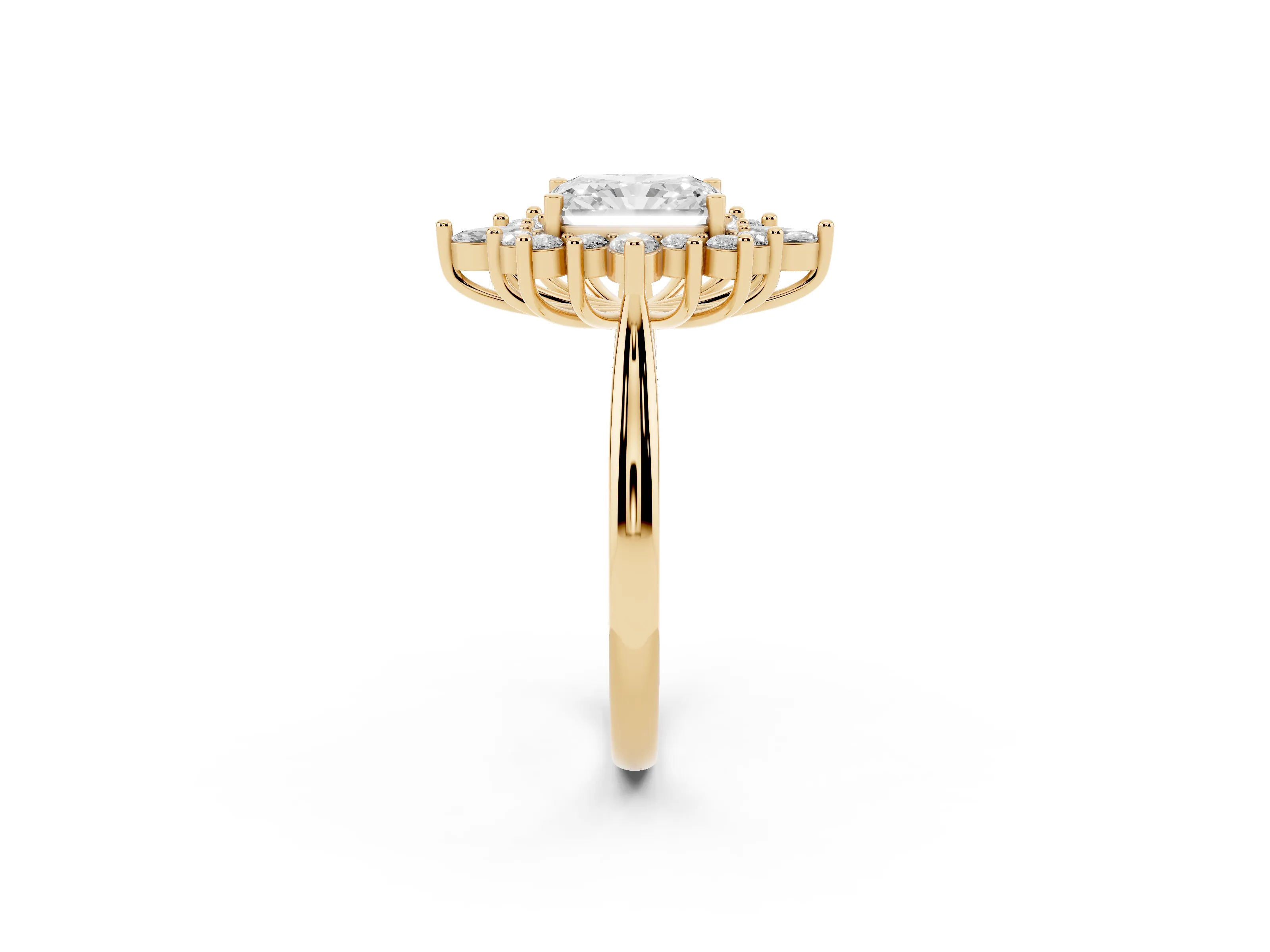 Radiant Cut Diamond Cluster Halo Ring Set in Yellow gold with Marquise and Round Accents