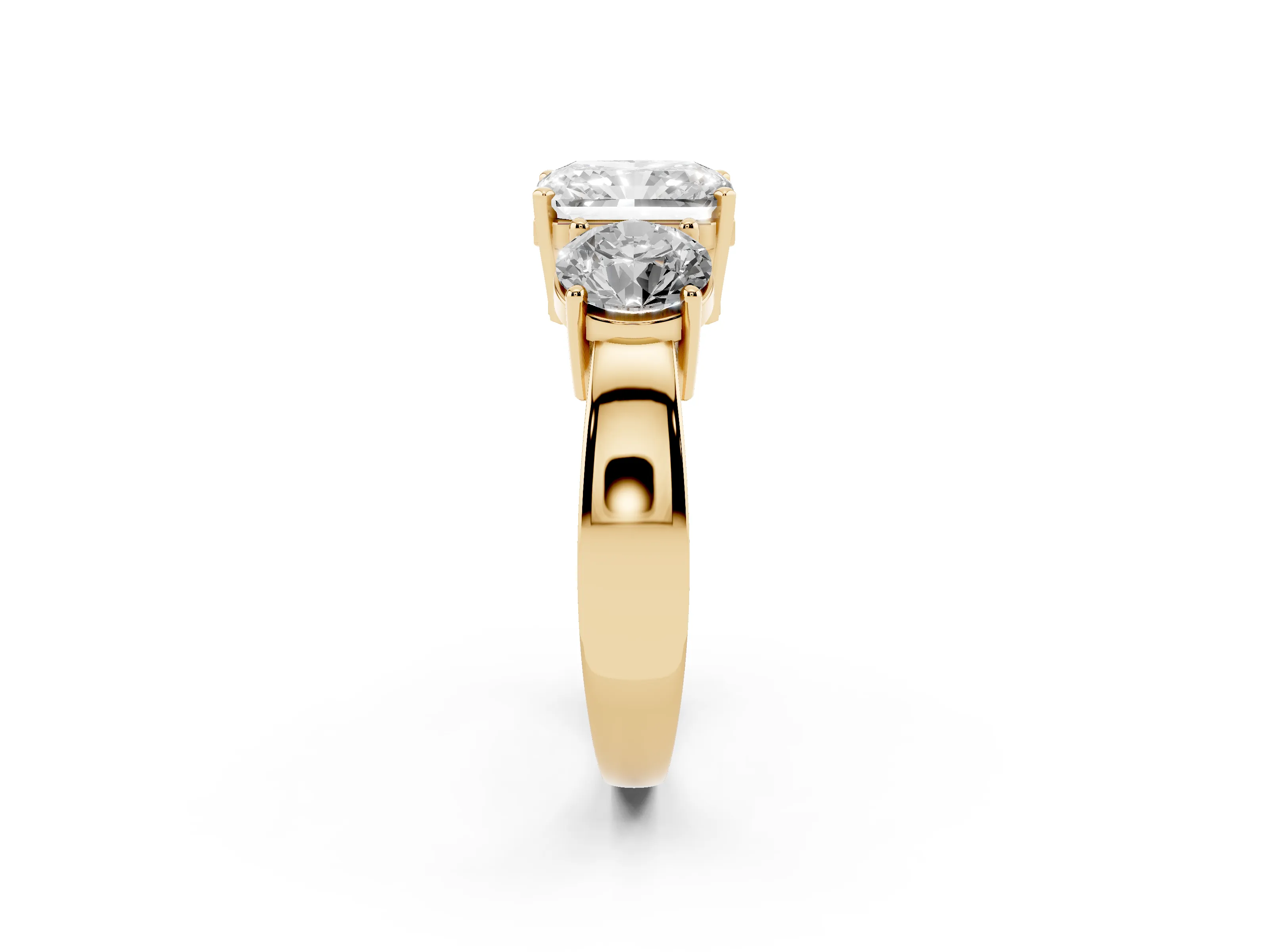 Radiant Cut Diamond Three-Stone Ring Set in Yellow gold with Round Side Stones and Classic Band