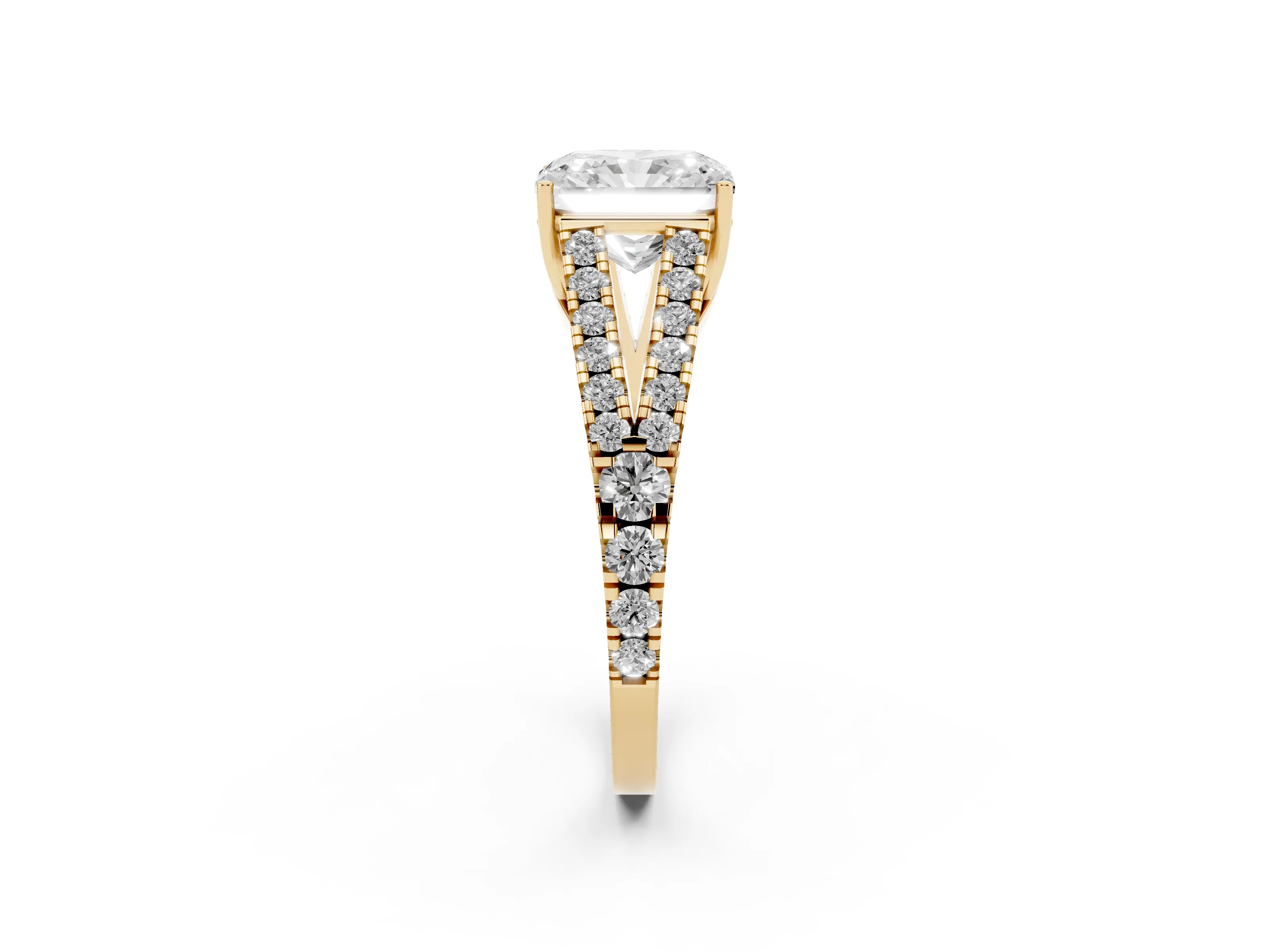 Radiant Cut Diamond Split Shank Pavé Engagement Ring Set in Yellow gold with Prong-Held Center Stone
