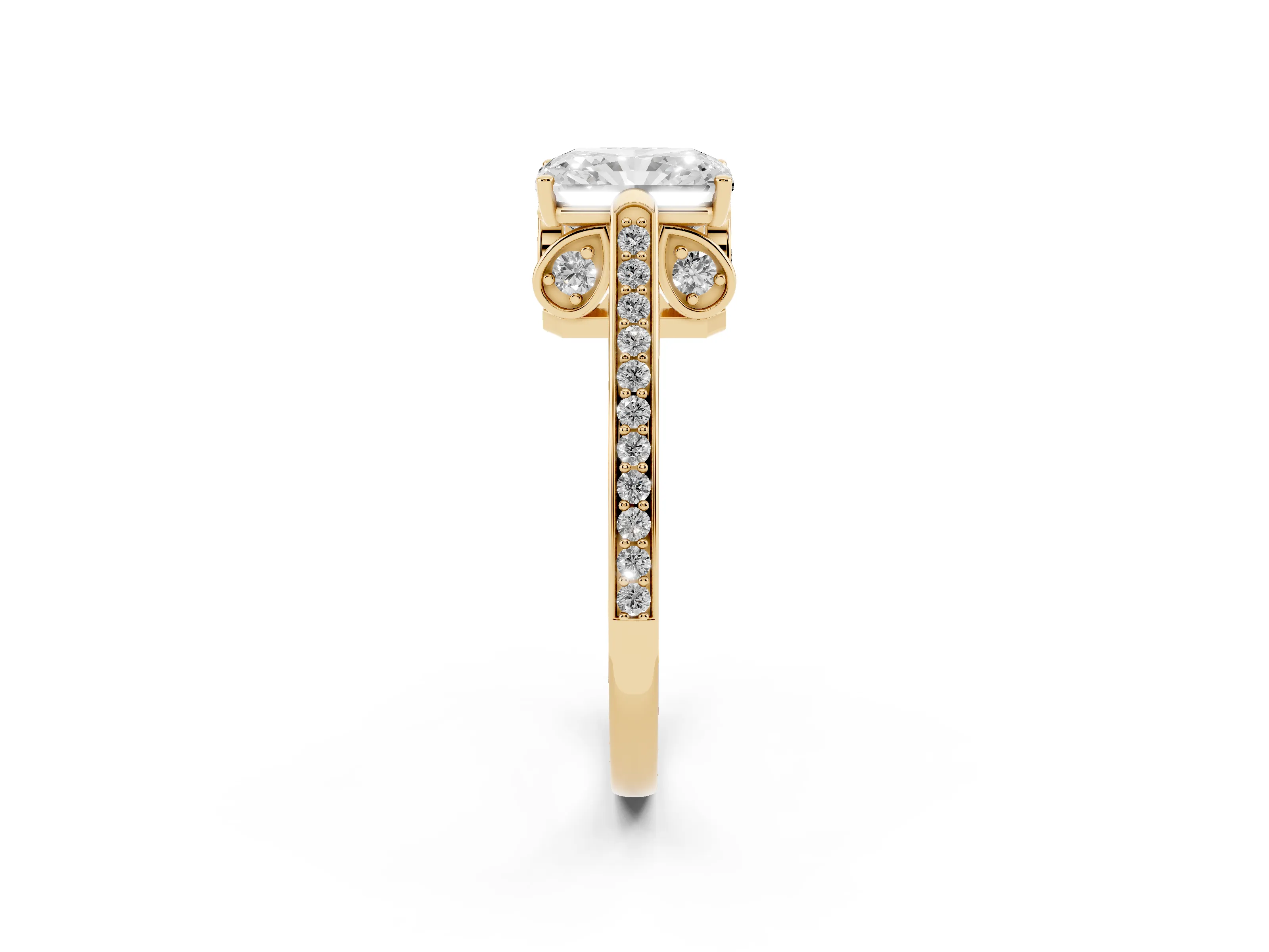 Radiant Cut Diamond Cathedral Pavé Engagement Ring Set in Yellow gold with Prong Setting