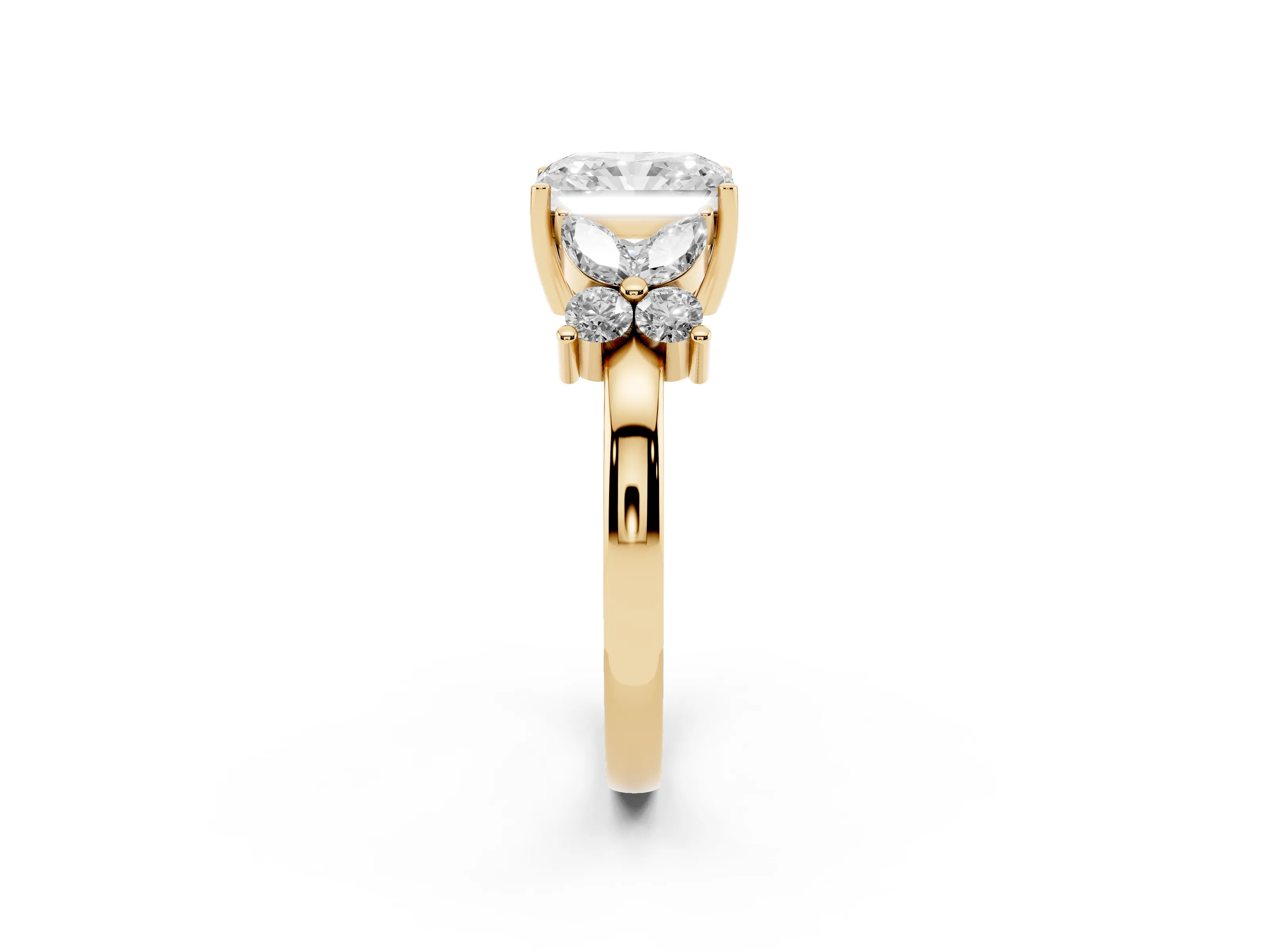 Radiant Cut Diamond Floral Cluster Ring Set in Yellow gold with Marquise Petals and Prong Setting