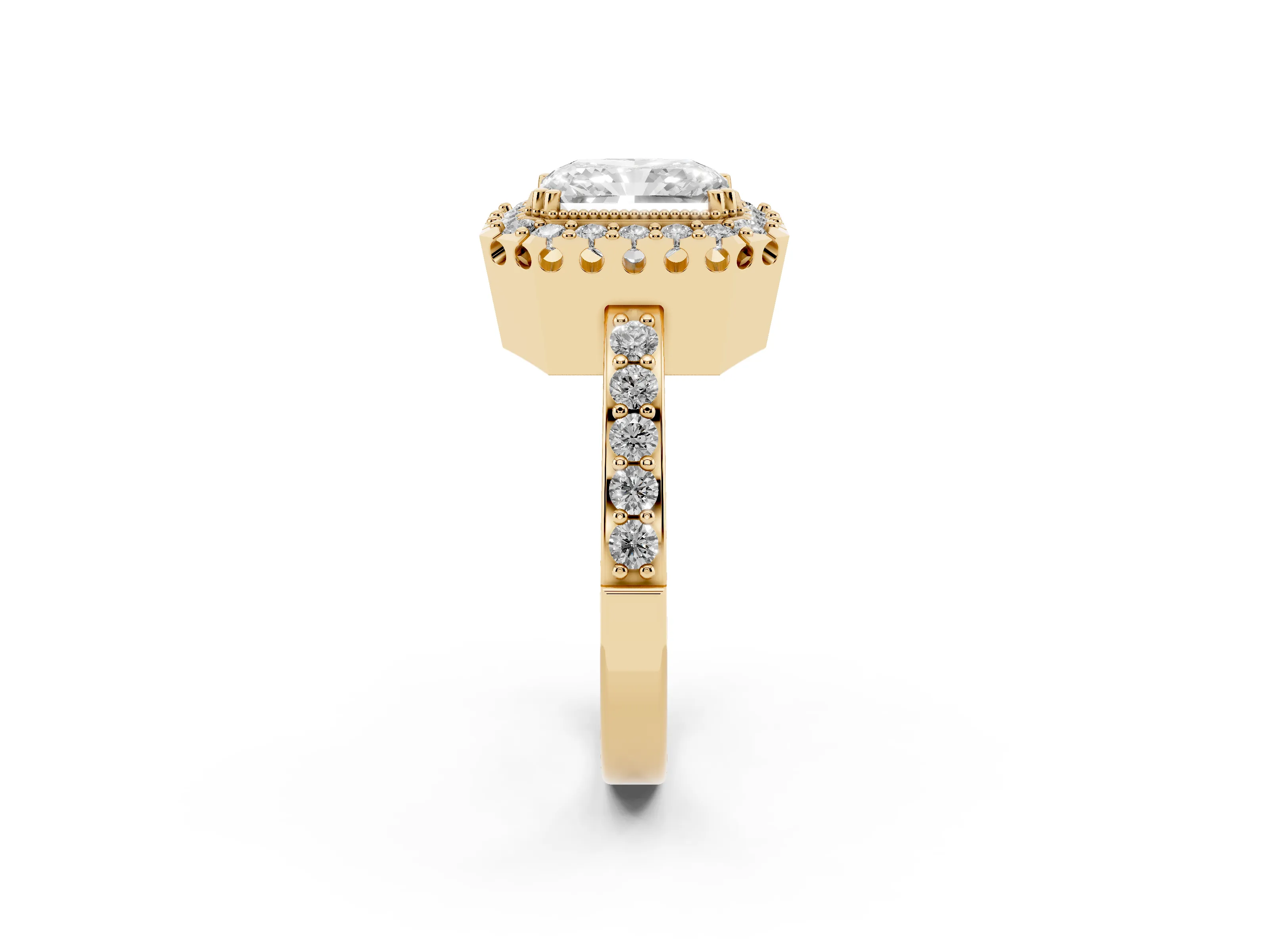 Radiant Cut Diamond Halo Ring Set in Yellow gold with Pavé Shank and Prong Setting