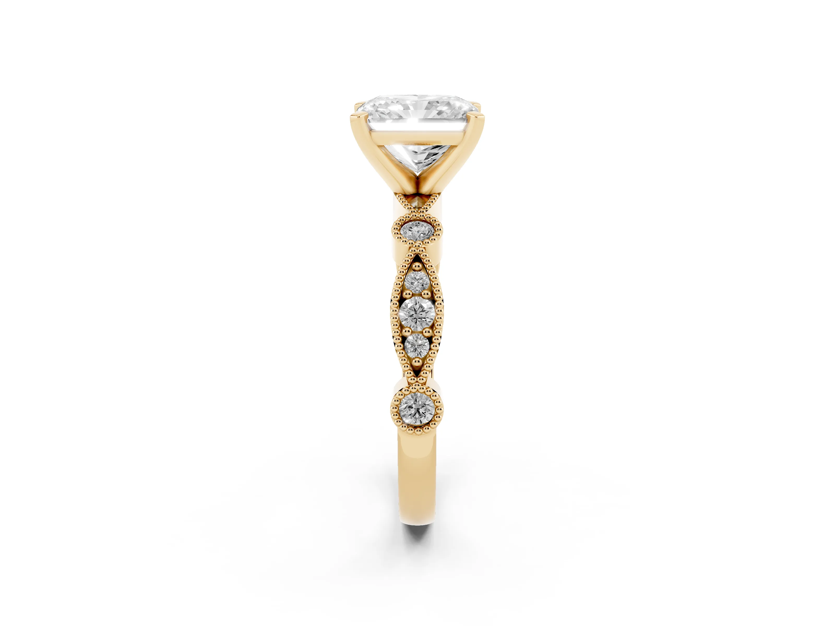 Radiant Cut Diamond Solitaire Engagement Ring Set in Yellow gold with Milgrain Bezel Accent Band