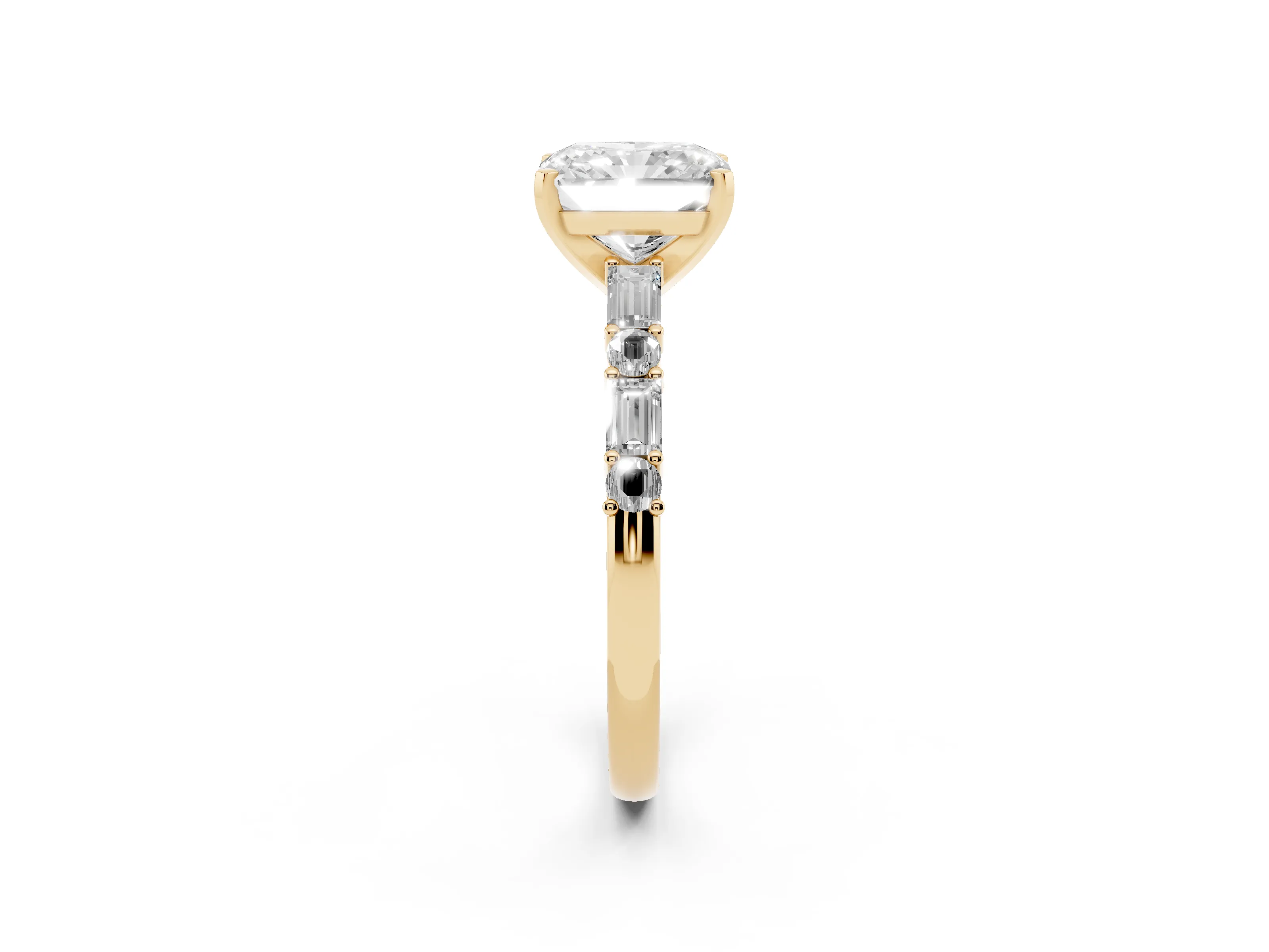 Radiant Cut Diamond Solitaire Set in Yellow gold with Side Baguettes and Channel Set Band