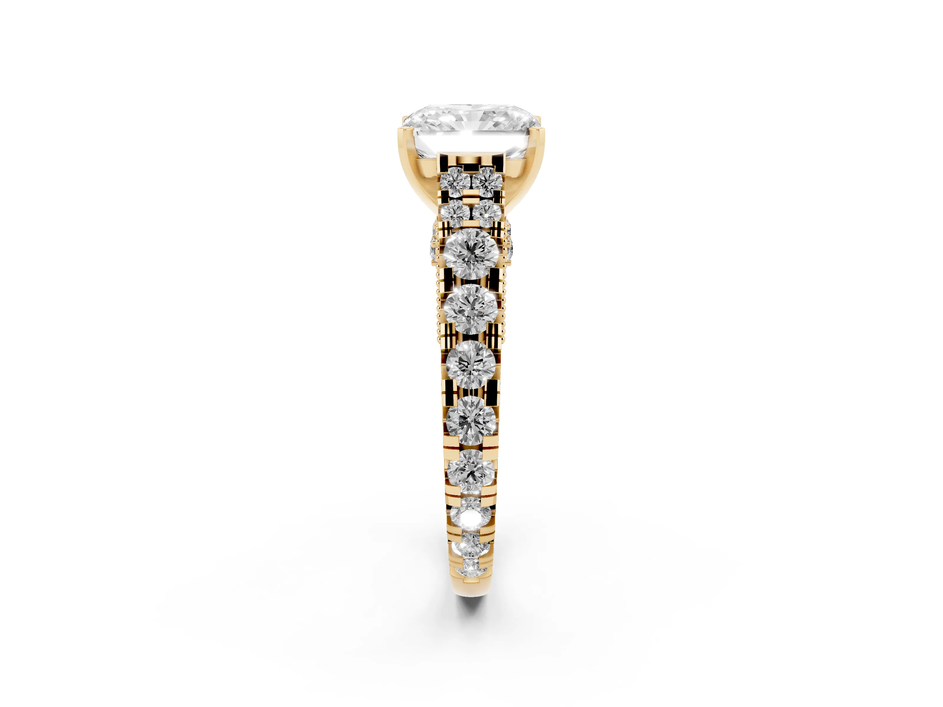 Radiant Cut Diamond Classic Solitaire Ring Set in Yellow gold with Pavé Band and Prong Setting