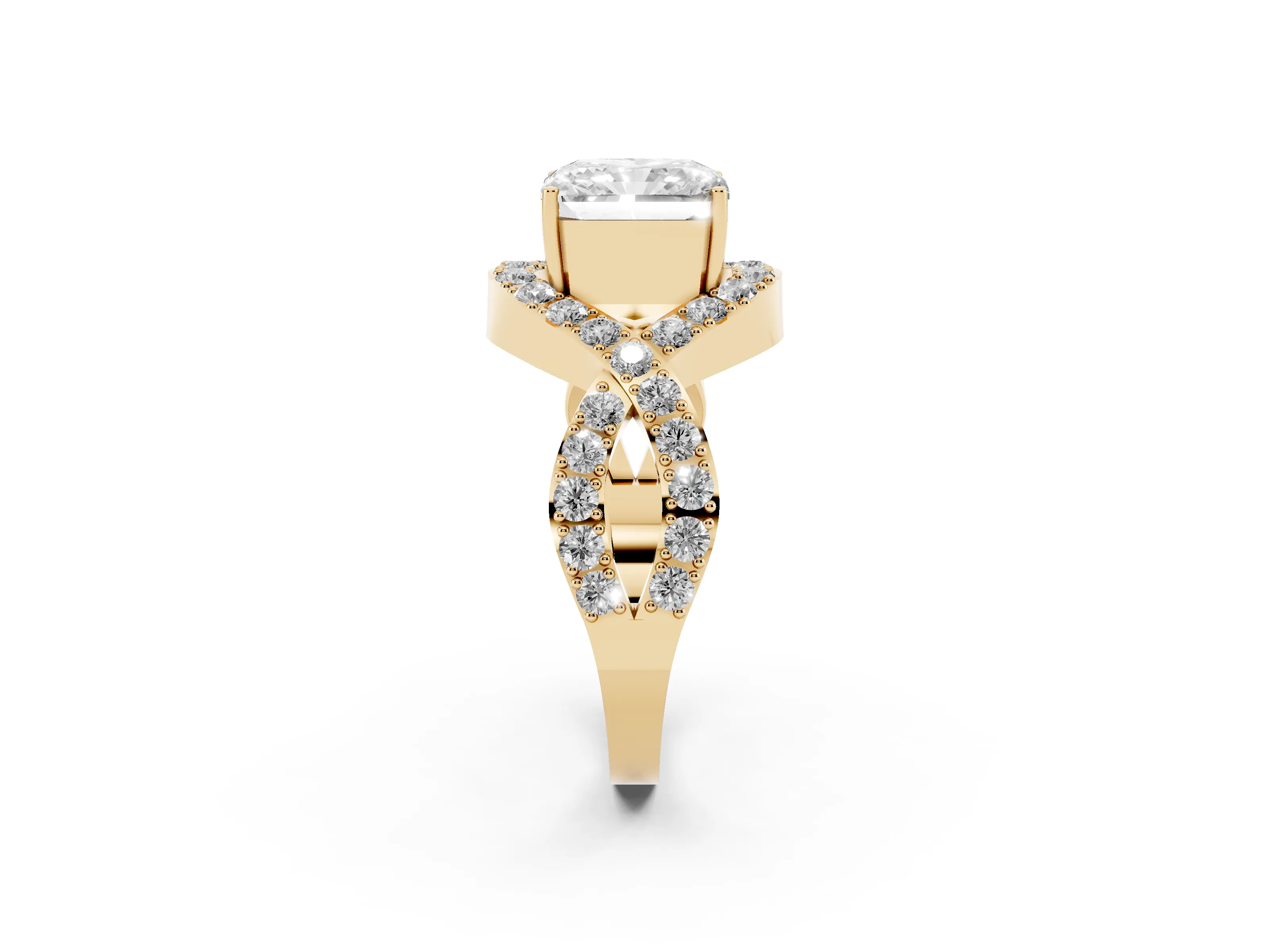 Radiant Cut Diamond Solitaire Twist Band Pavé Engagement Ring Set in Yellow gold