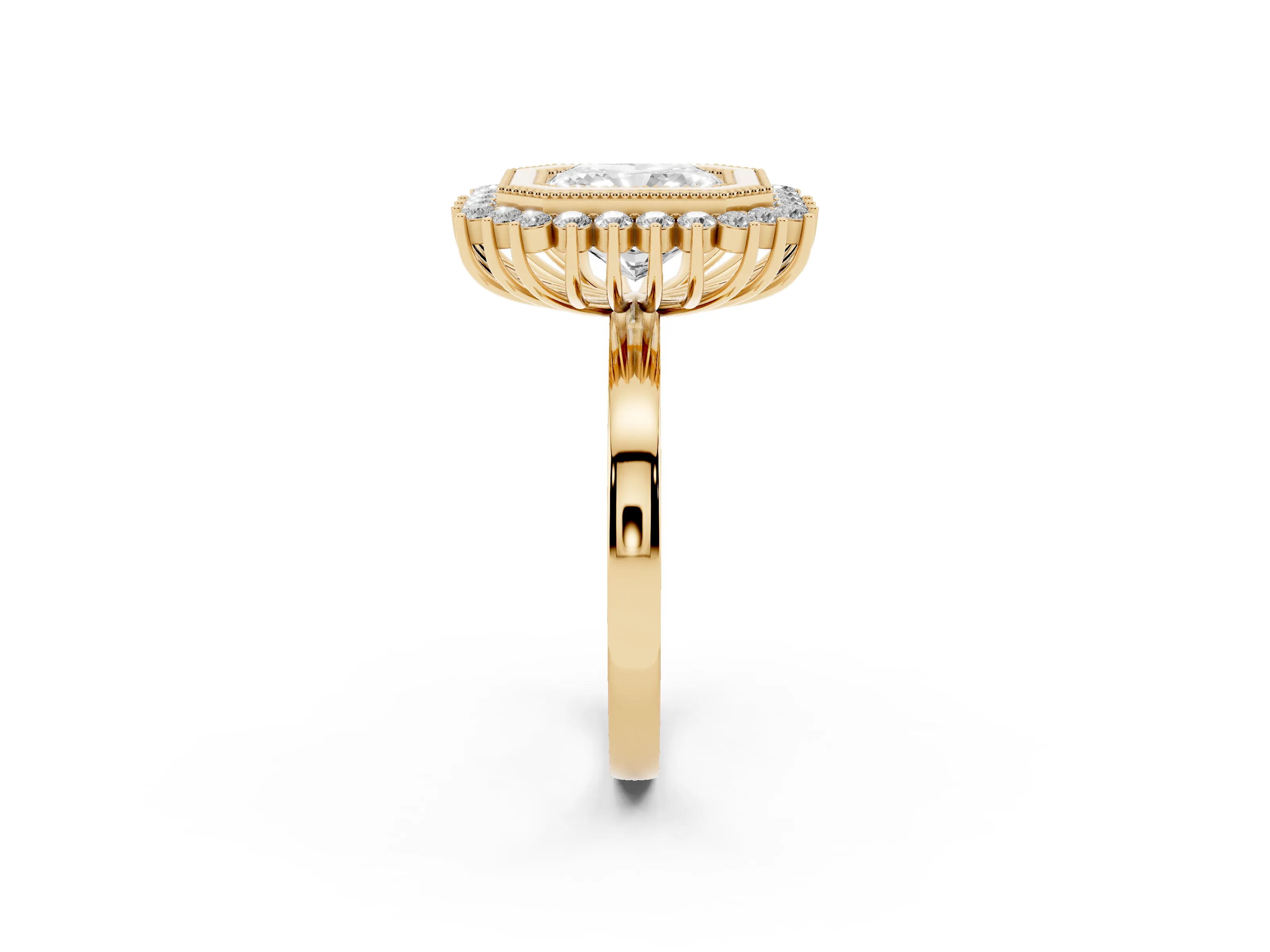 Radiant Cut Diamond Halo Ring Set in Yellow gold with Milgrain Edge and Round Prong Setting