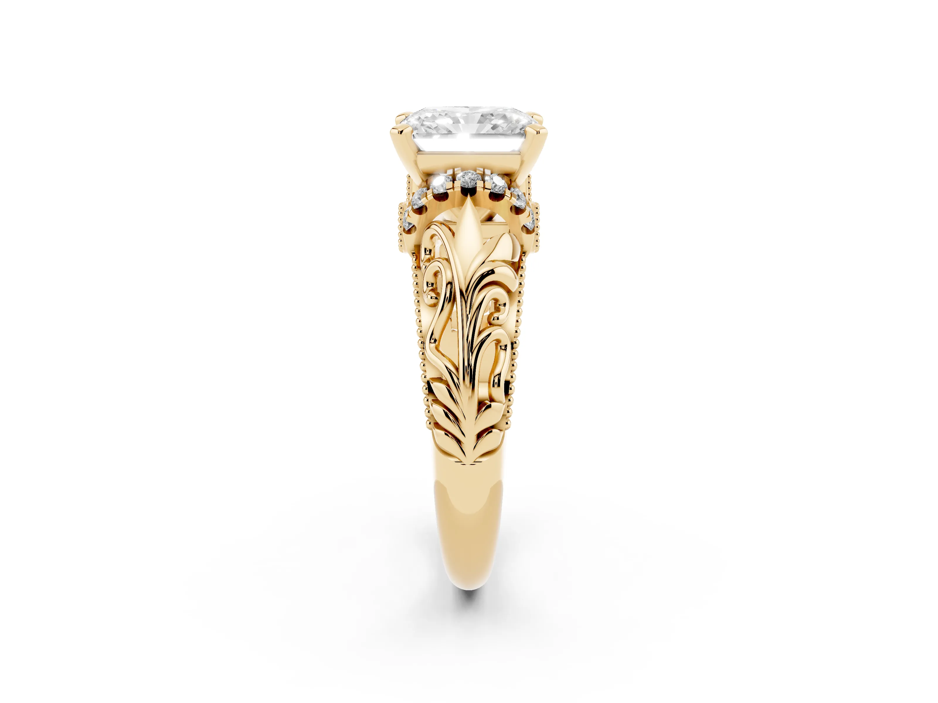 Radiant Cut Diamond Filigree Halo Engagement Ring Set in Yellow gold with Prong Setting