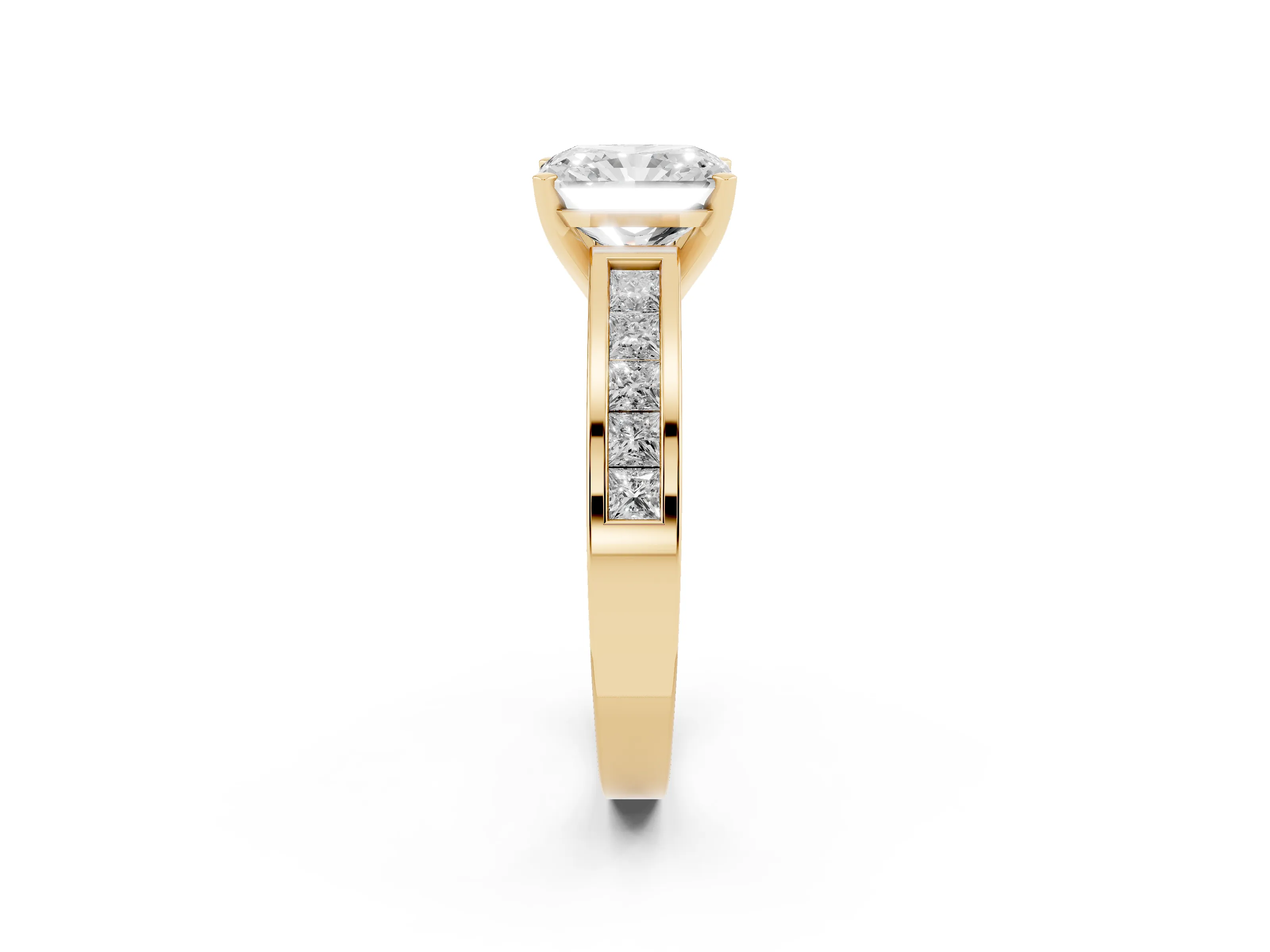 Radiant Cut Diamond Solitaire Ring Set in Yellow gold with Channel-Set Band and Prong Setting
