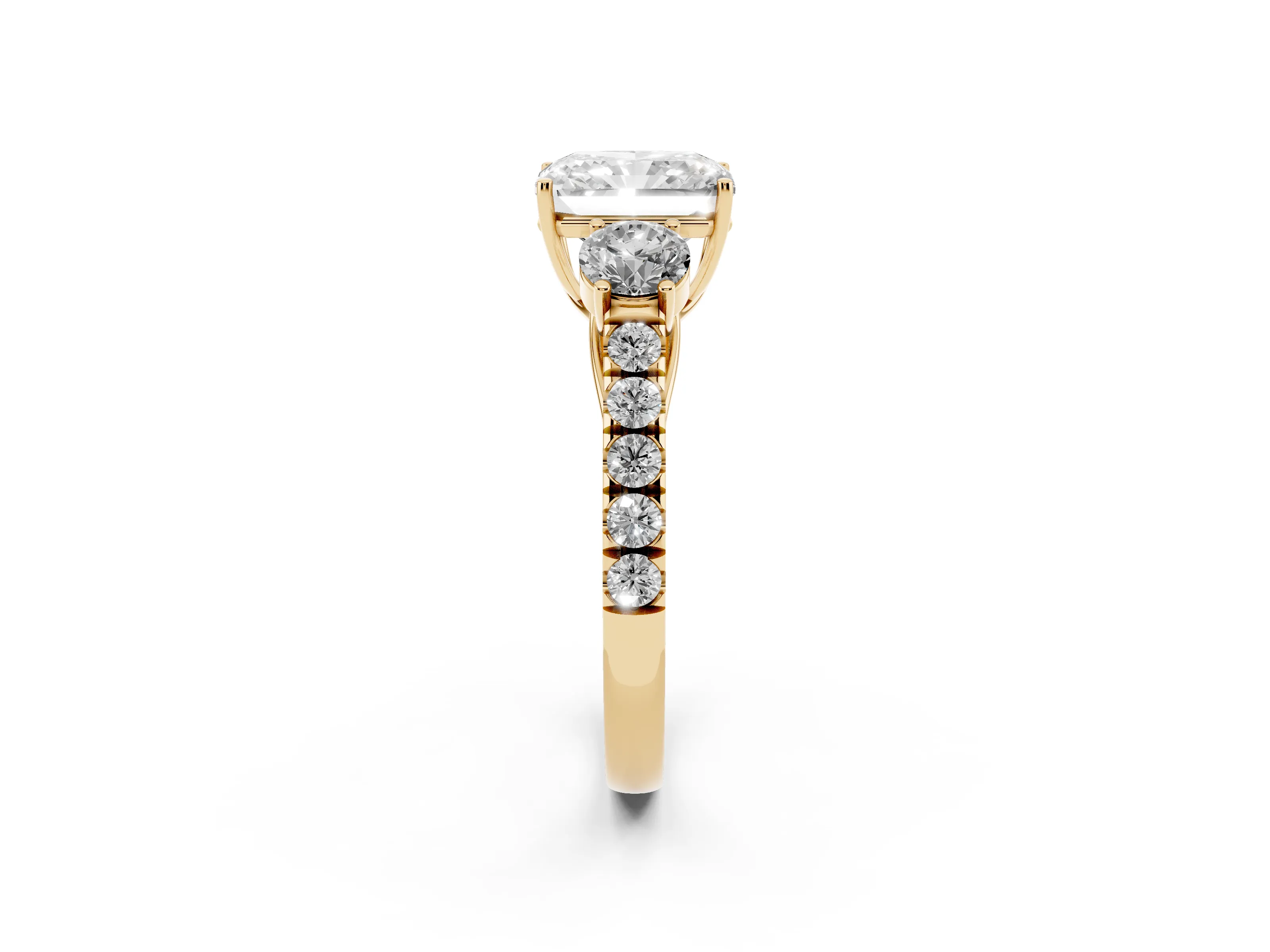 Radiant Cut Diamond Three-Stone Ring Set in Yellow gold with Round Side Stones and Delicate Pavé Band