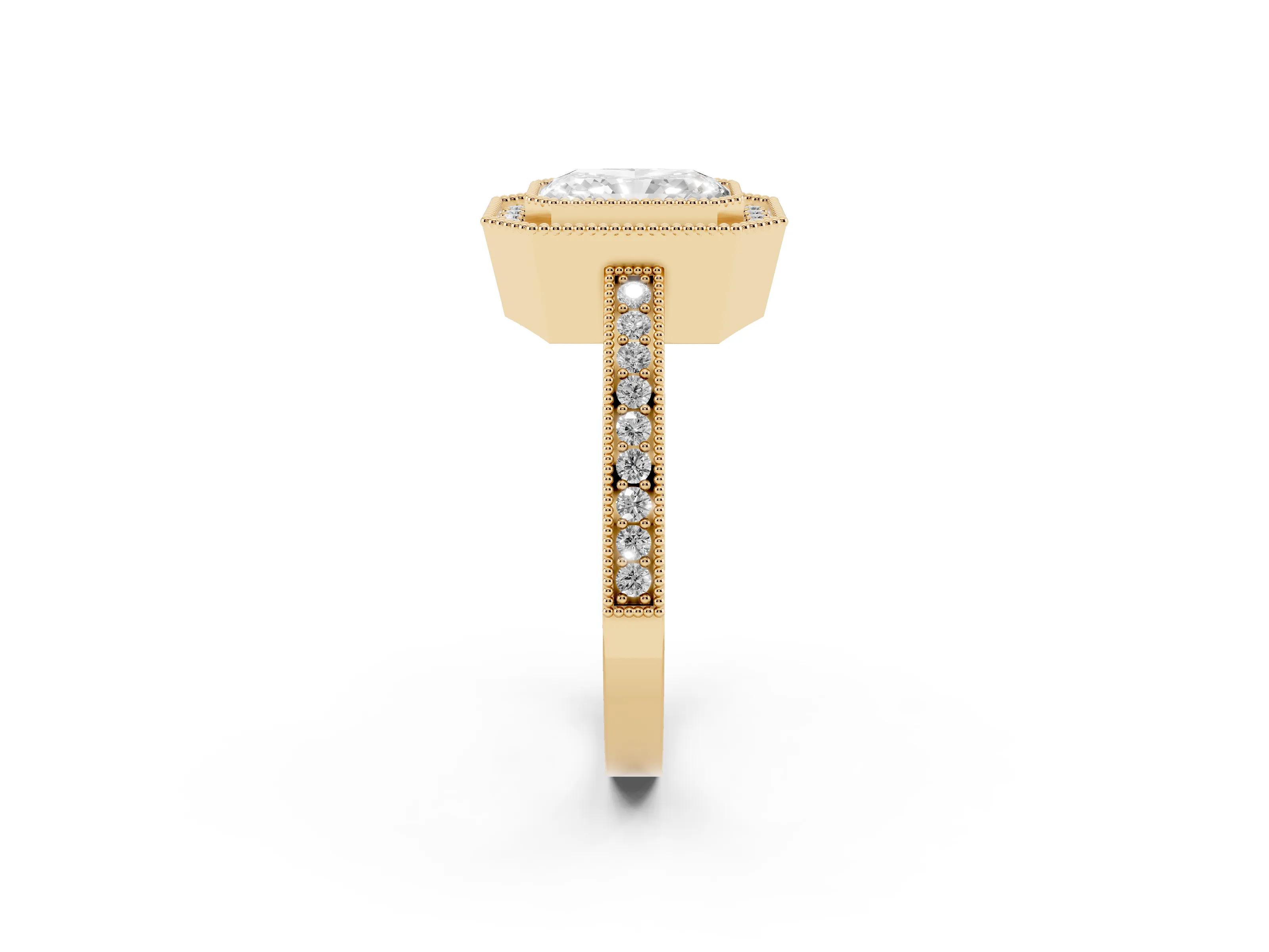 Radiant Cut Diamond Round Halo Ring Set in Yellow gold with Pavé Band