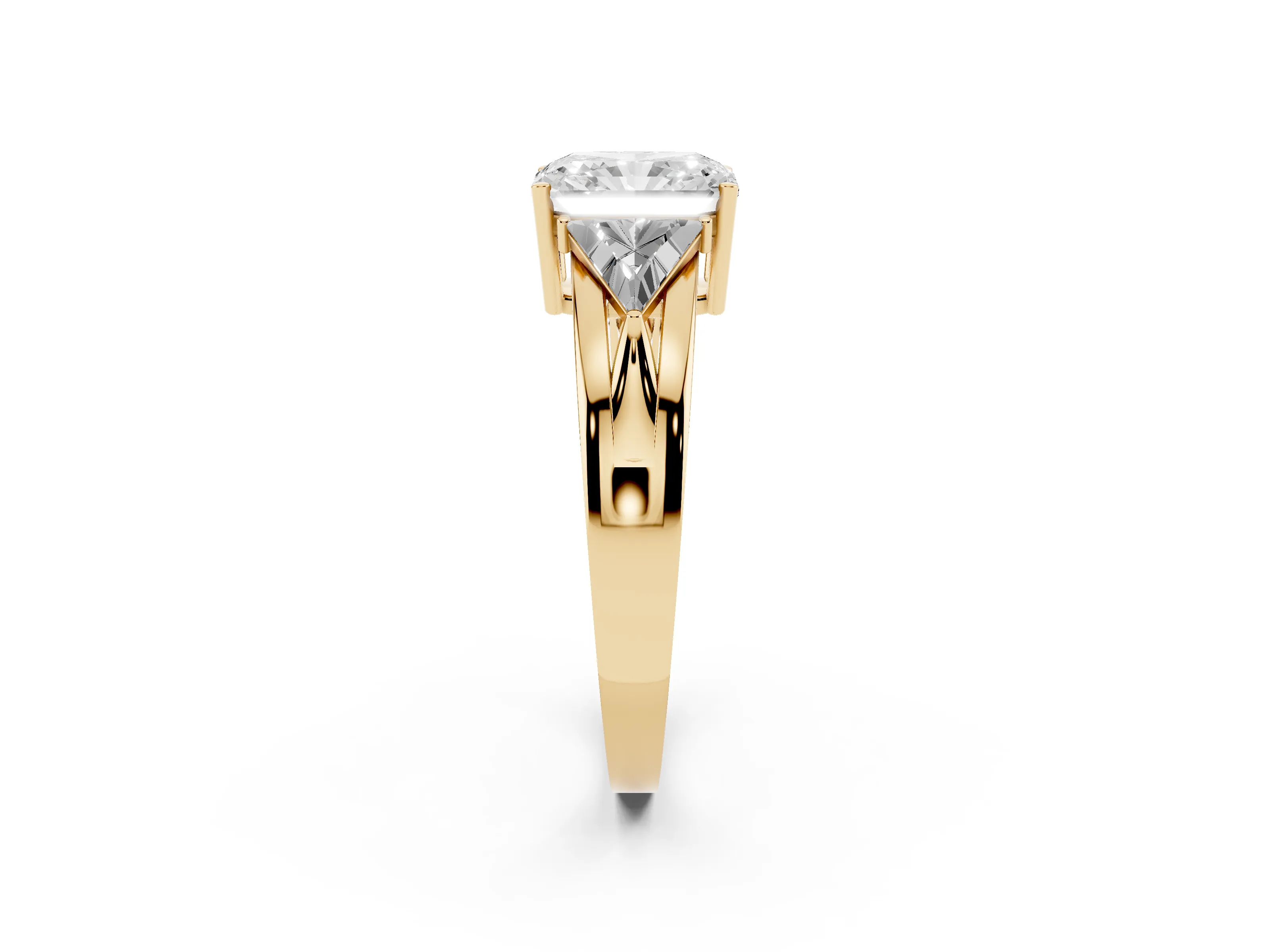 Radiant Cut Diamond Three-Stone Ring Set in Yellow gold with Trillion Side Stones and Split Shank