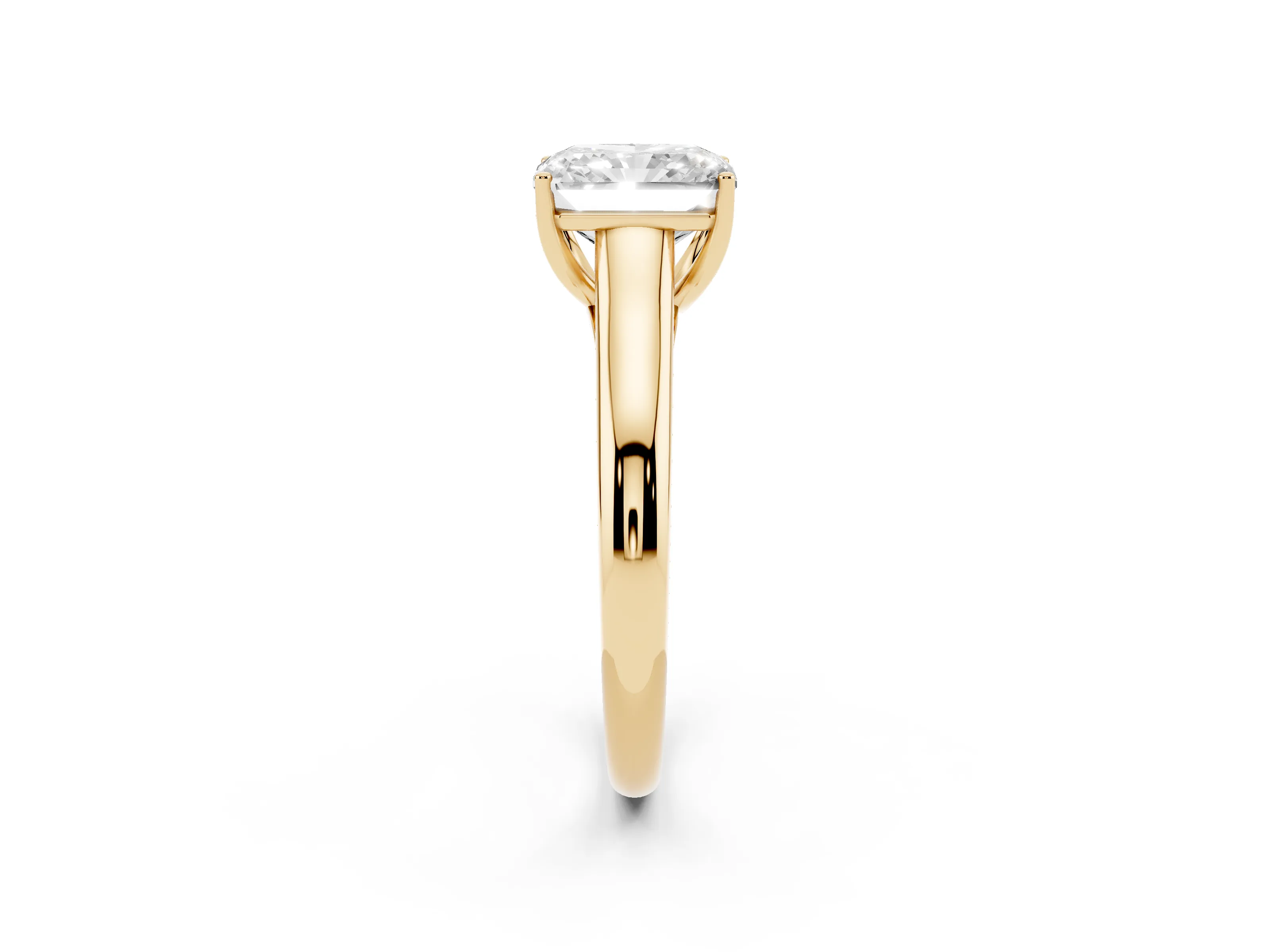 Radiant Cut Diamond Solitaire Engagement Ring Set in Yellow gold with Subtly Tapered Band and Prong Setting