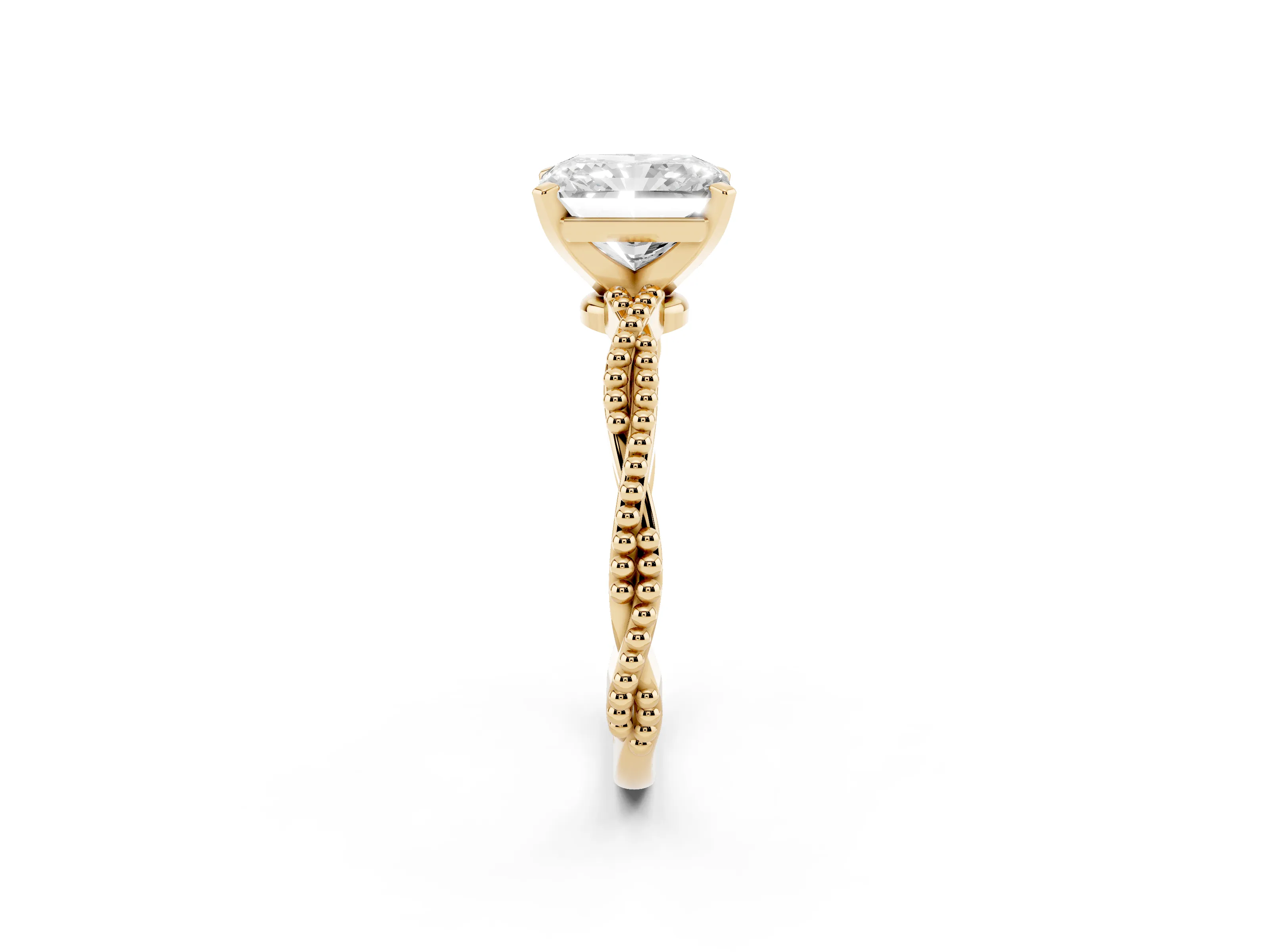 Radiant Cut Diamond Solitaire Ring Set in Yellow gold with Twisted Band and Bead Prong Setting