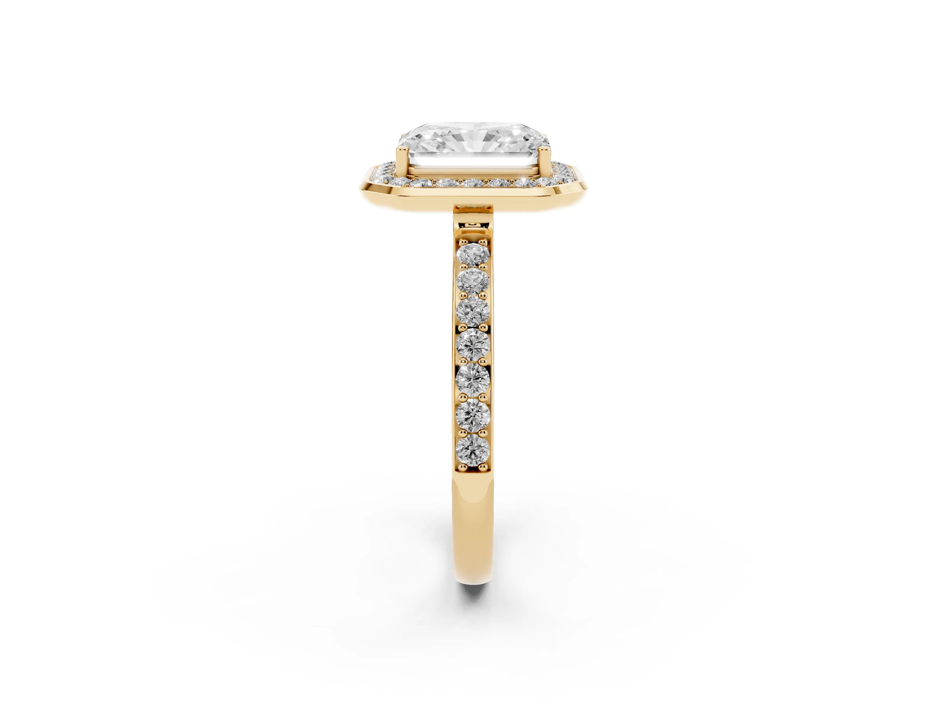 Radiant Cut Diamond Halo Ring Set in Yellow gold with Bezel Frame and Pavé Band