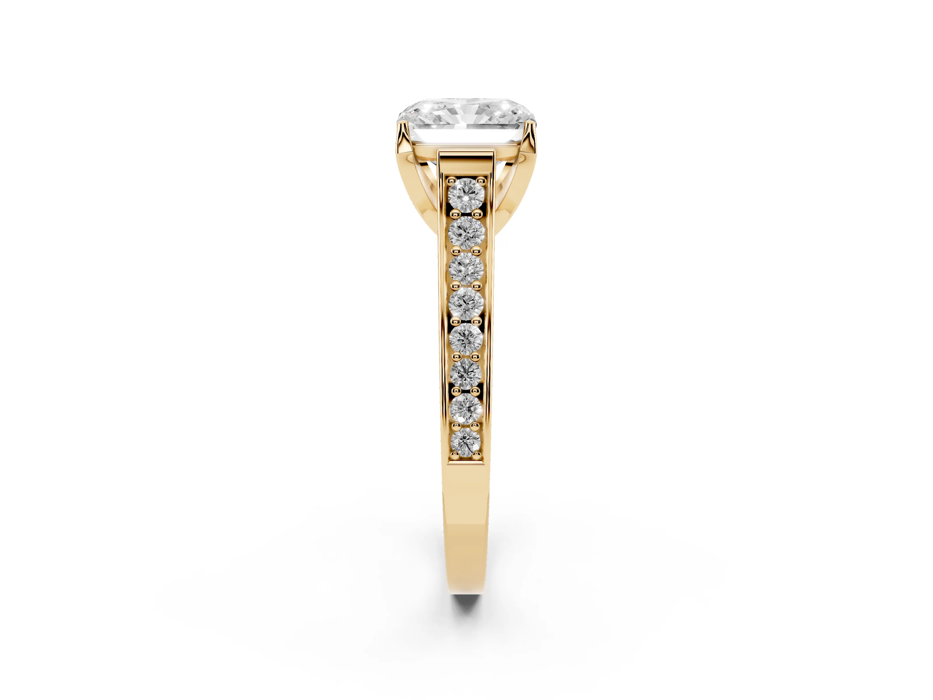 Radiant Cut Diamond Solitaire Pavé Engagement Ring Set in Yellow gold with Prong Setting