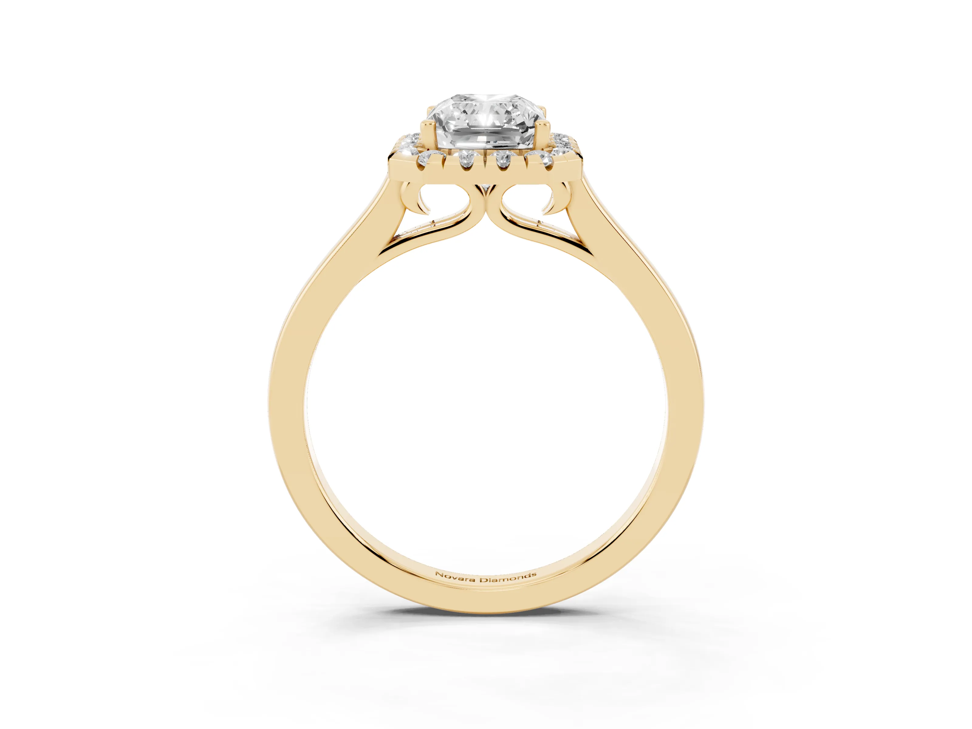 Radiant Cut Halo Round Diamond Solitaire Ring Set in Yellow gold with Pavé Band and Prong Setting