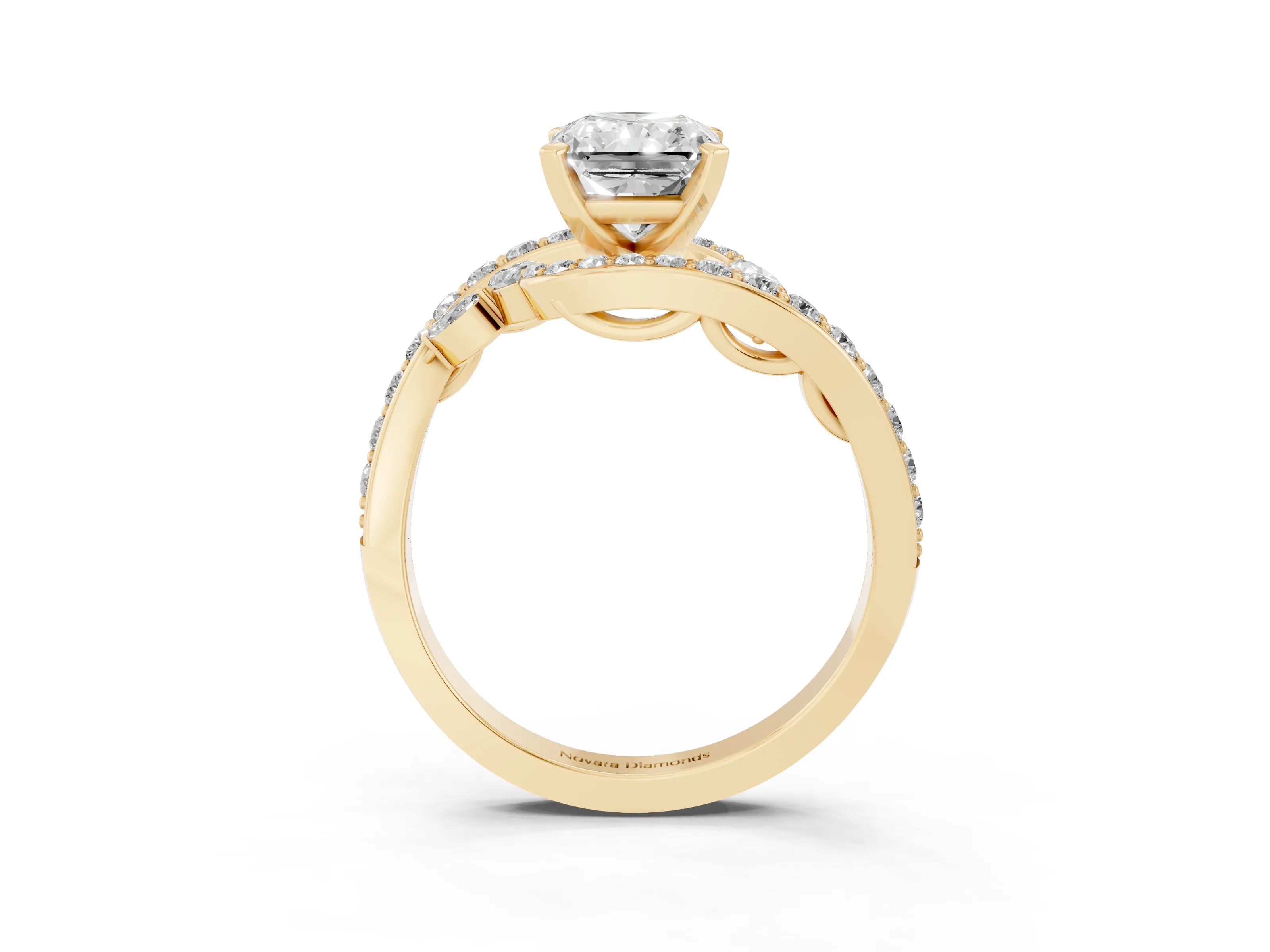 Radiant Cut Diamond Solitaire Ring Set in Yellow gold with Pavé Twist Band and Secure Prong Setting