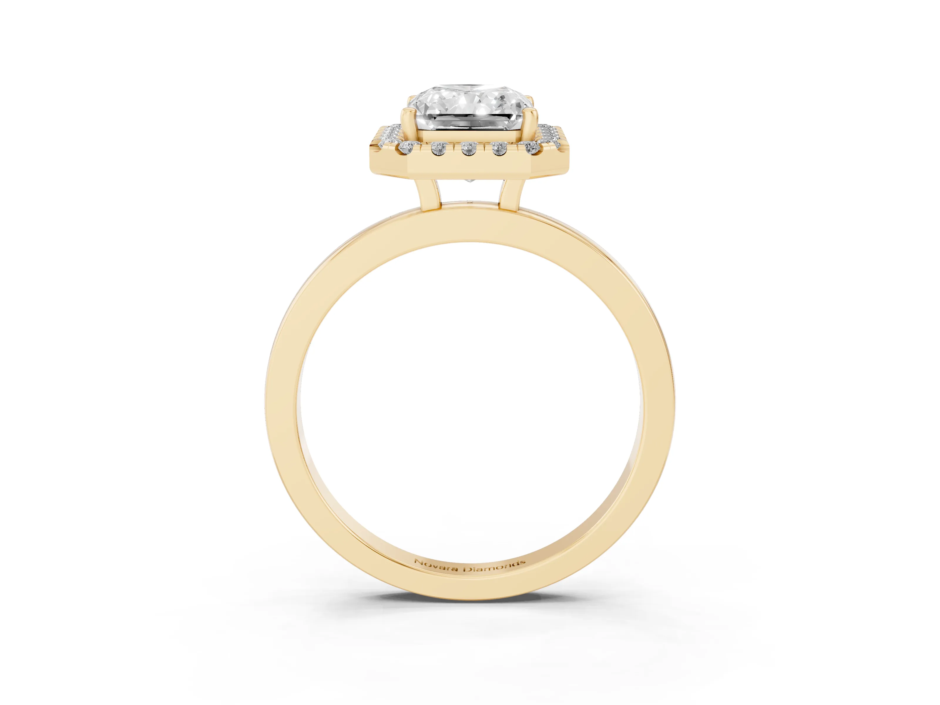 Radiant Cut Diamond Halo Solitaire Ring Set in Yellow gold with Pavé Band and Prong Setting