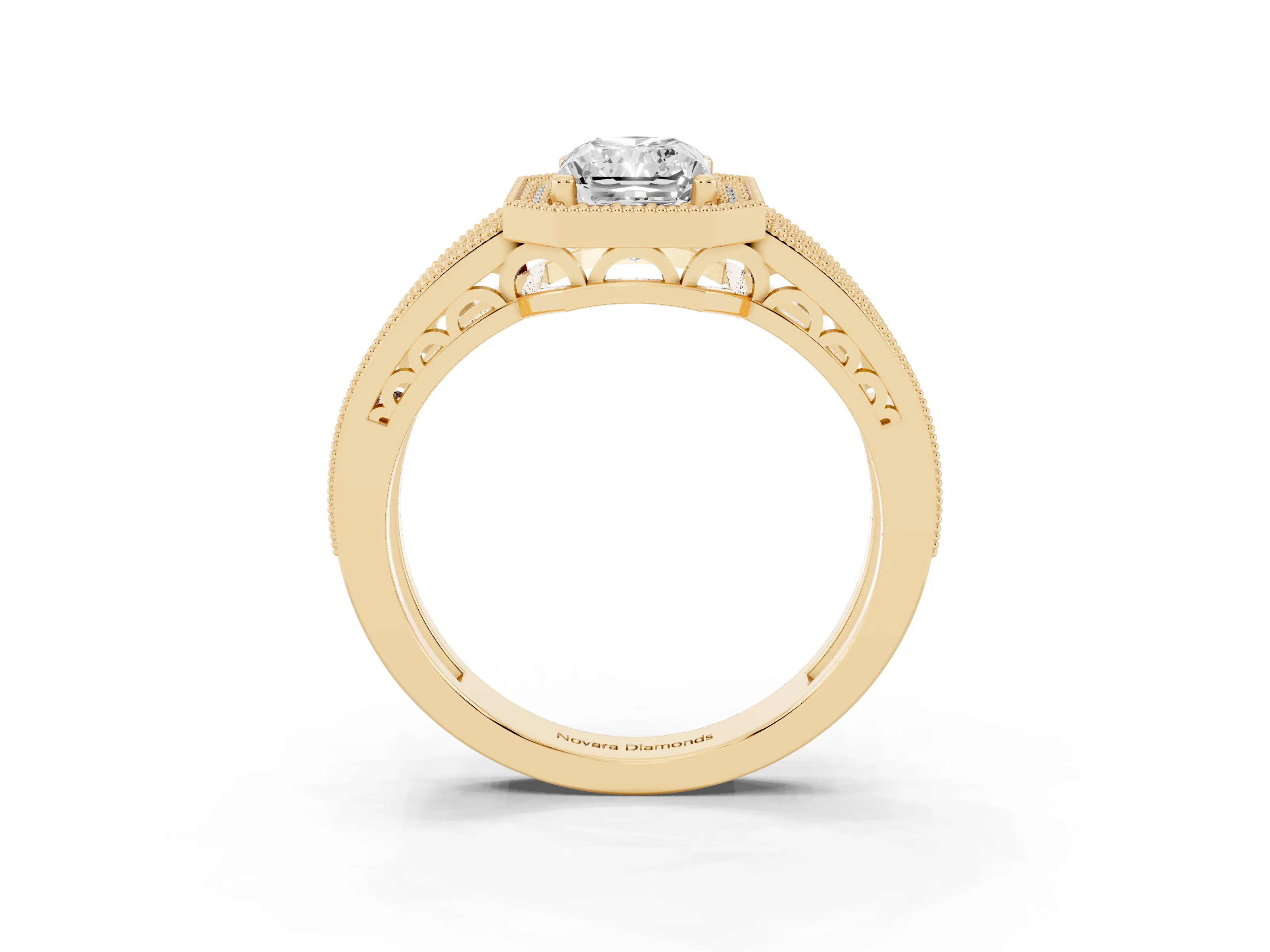 Radiant Cut Diamond Halo Ring Set in Yellow gold with Accent Split Shank and Prong Setting