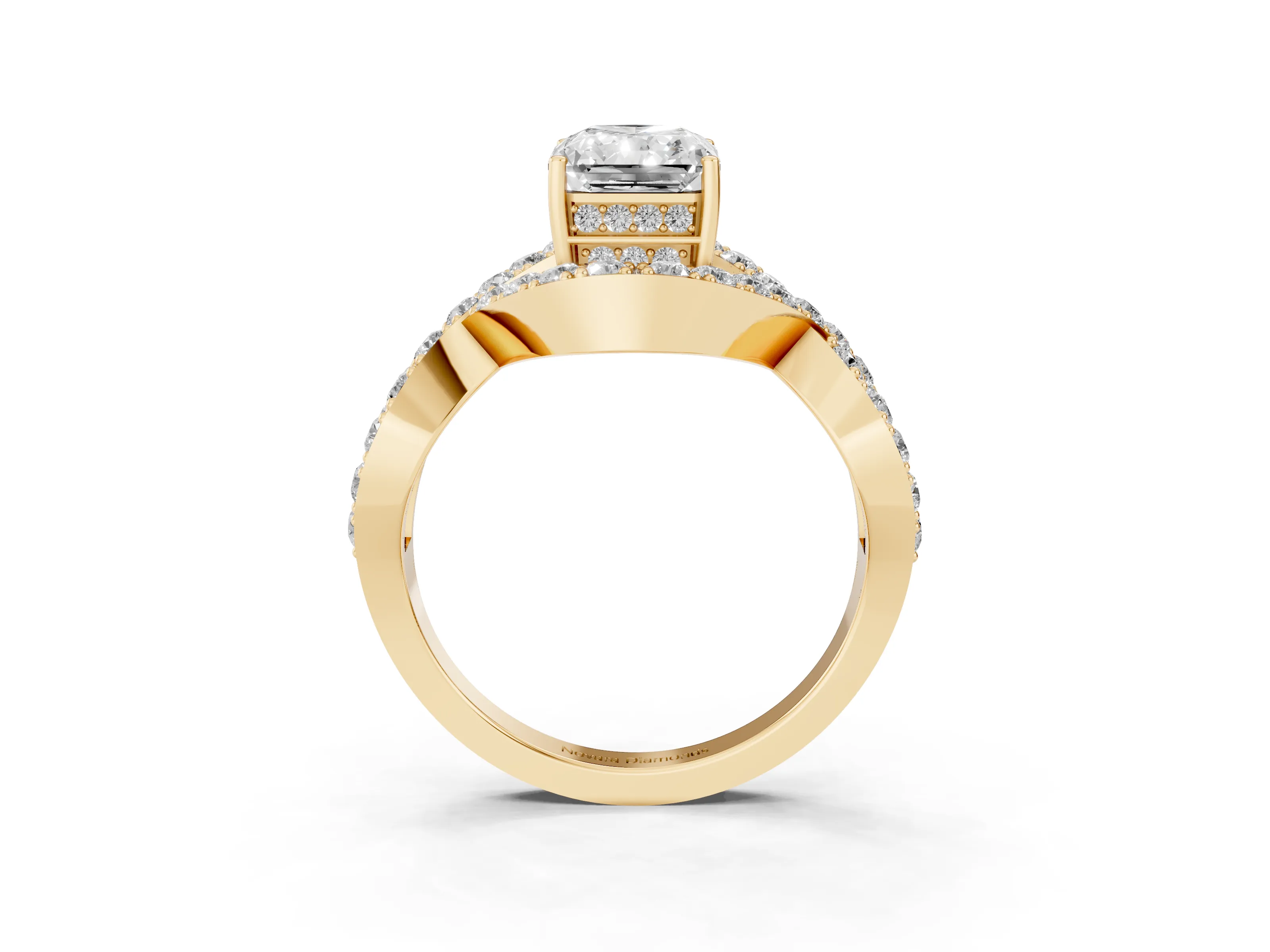 Radiant Cut Diamond Solitaire Twist Band Pavé Engagement Ring Set in Yellow gold