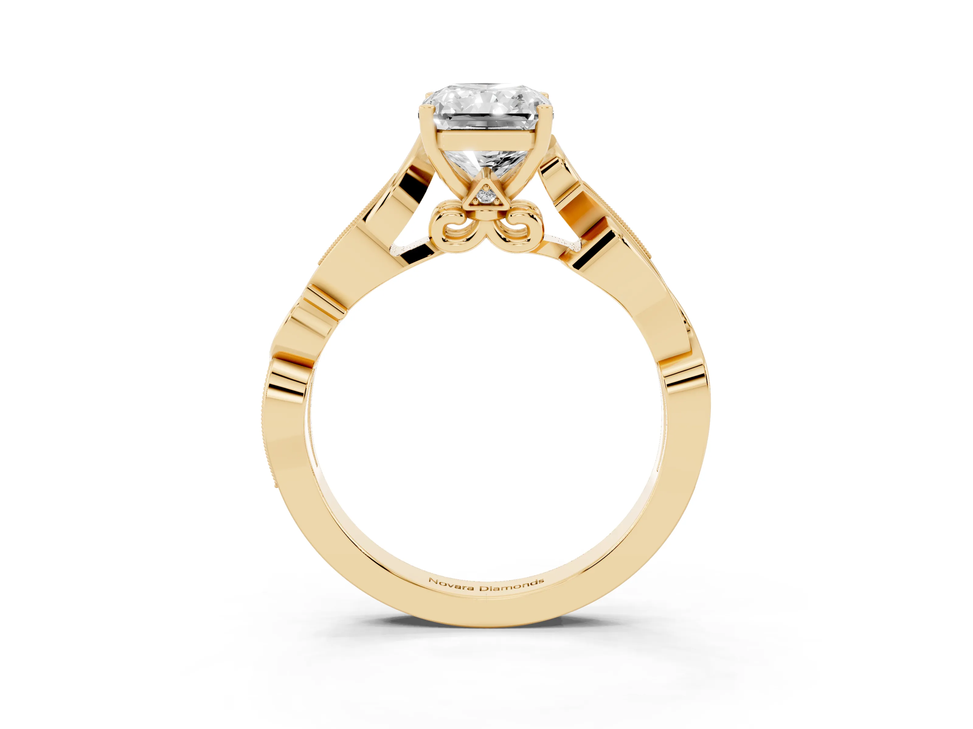 Radiant Cut Diamond Vine Band Solitaire Ring Set in Yellow gold with Milgrain Prong Setting