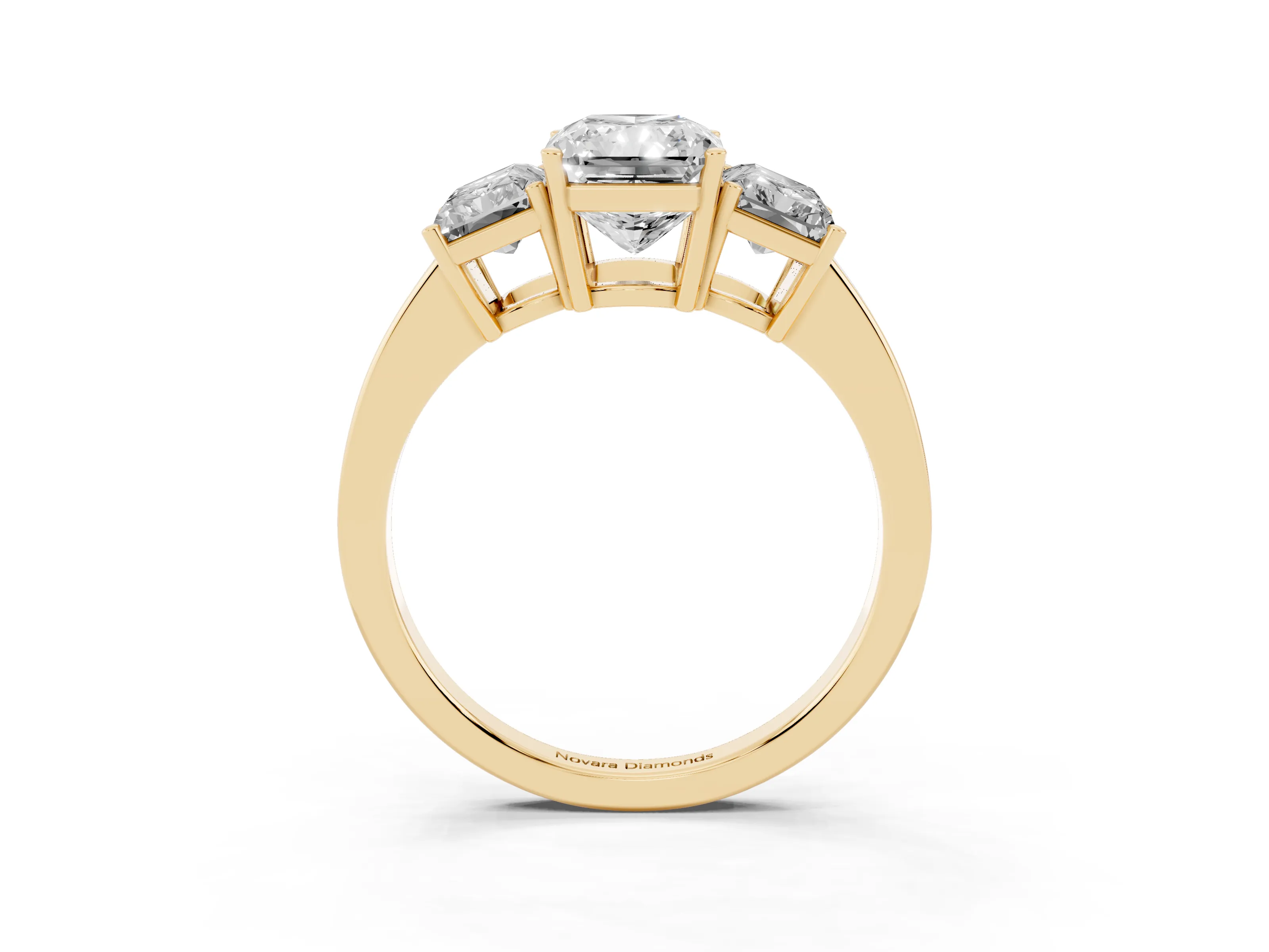Radiant Cut Diamond Three-Stone Engagement Ring Set in Yellow gold with Flat Band