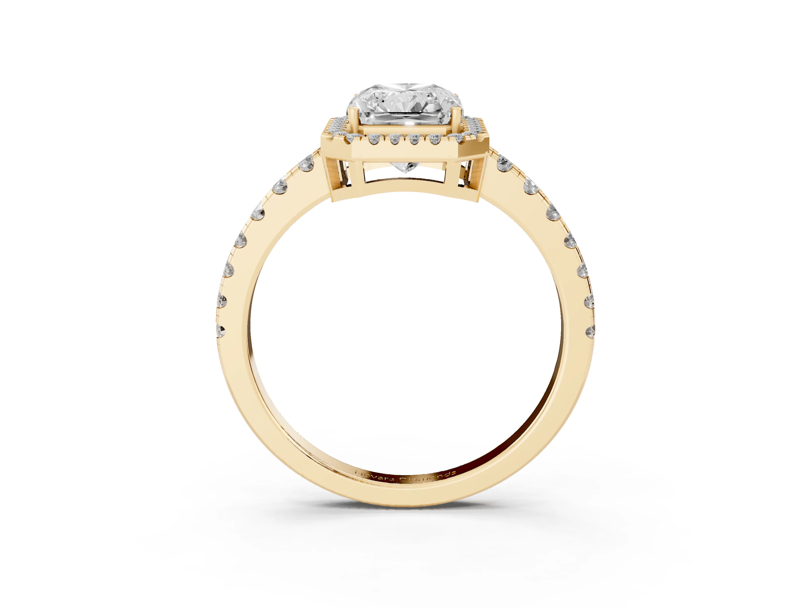 Radiant Cut Diamond Halo Ring Set in Yellow gold with Delicate Pavé Band and Prong Setting