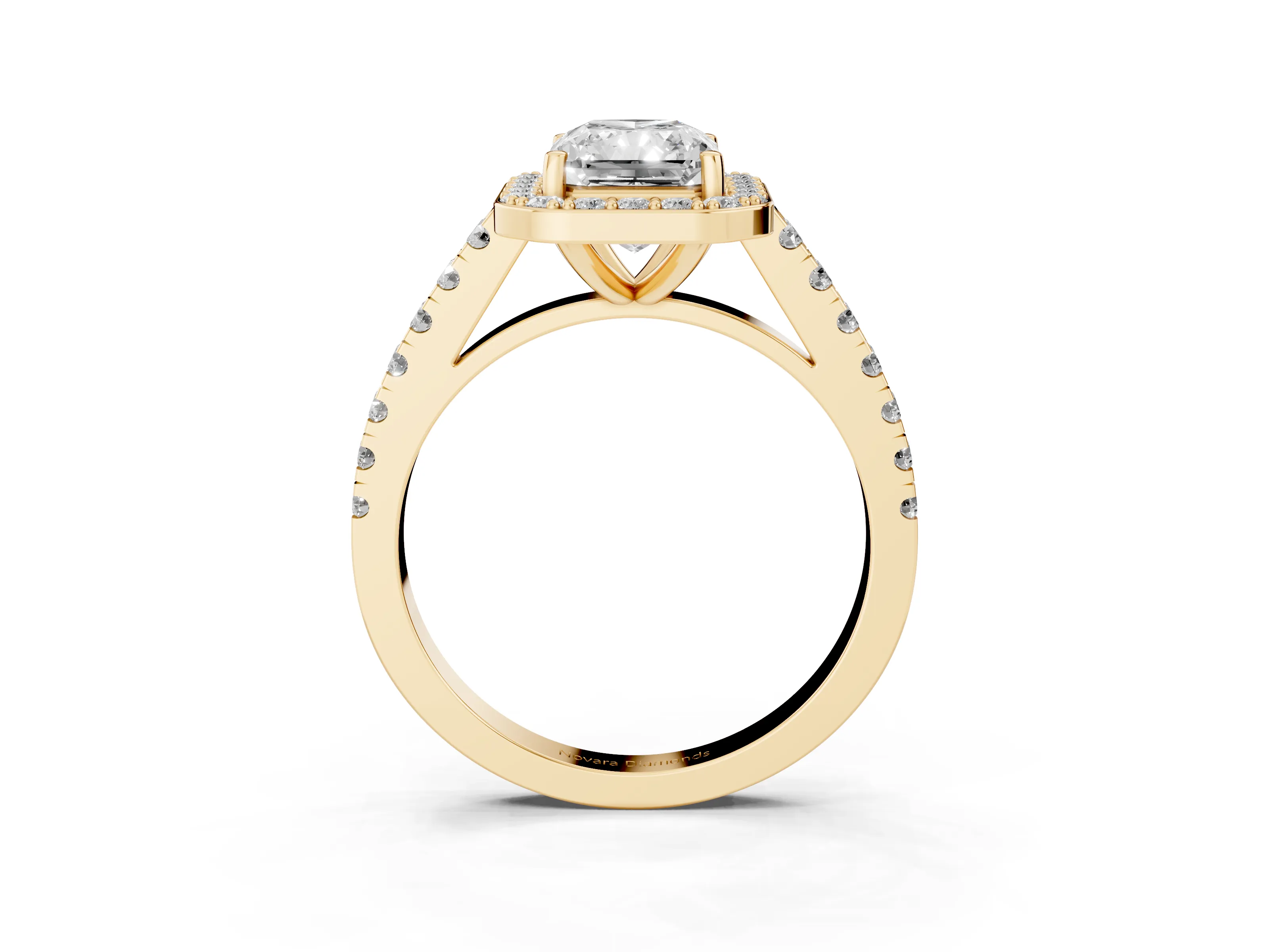 Radiant Cut Diamond Halo Ring Set in Yellow gold with Round Pavé Split Shank and Prong Setting