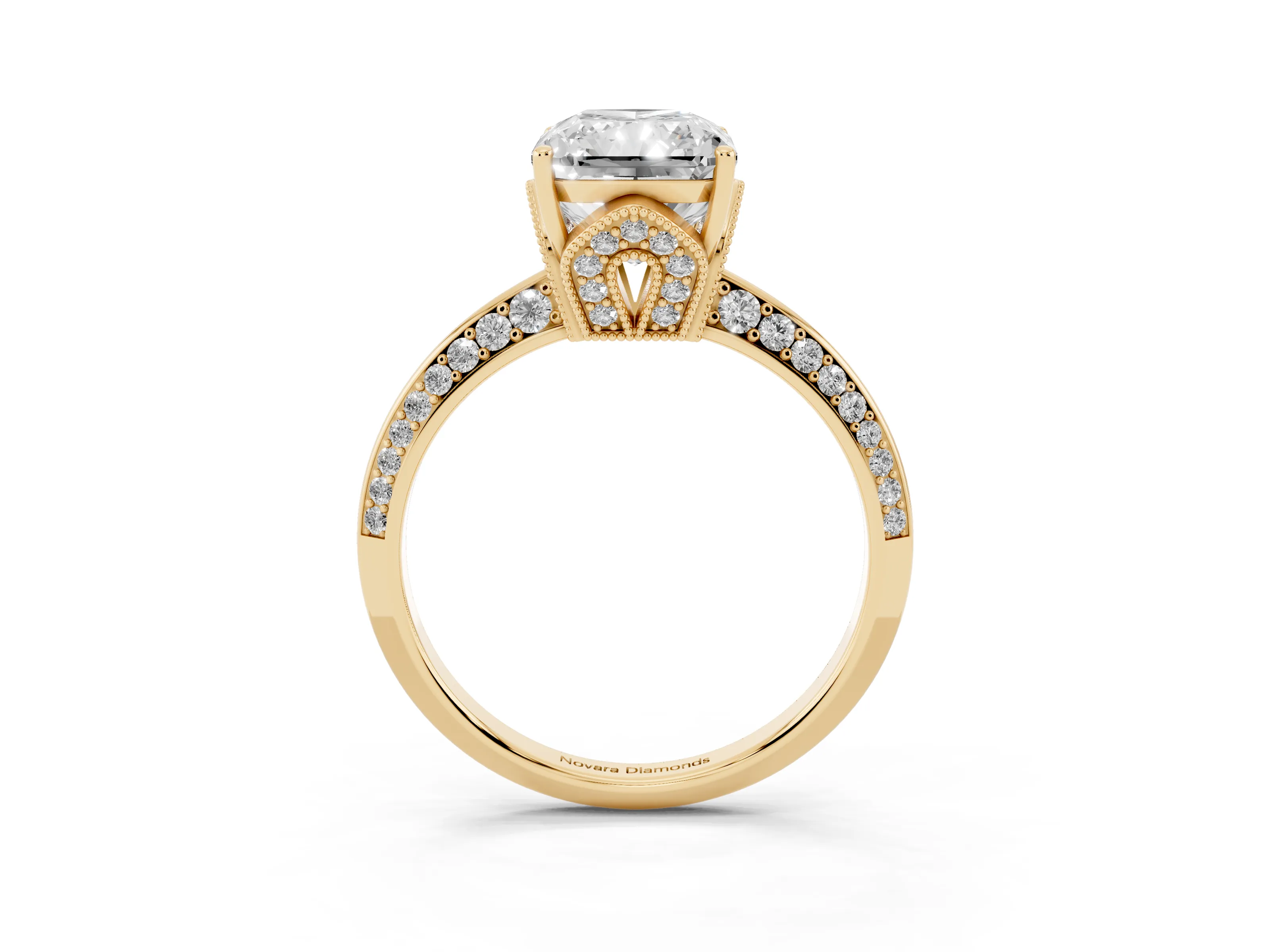 Radiant Cut Diamond Solitaire Engagement Ring Set in Yellow gold with Pavé Split Shank and Prong Setting